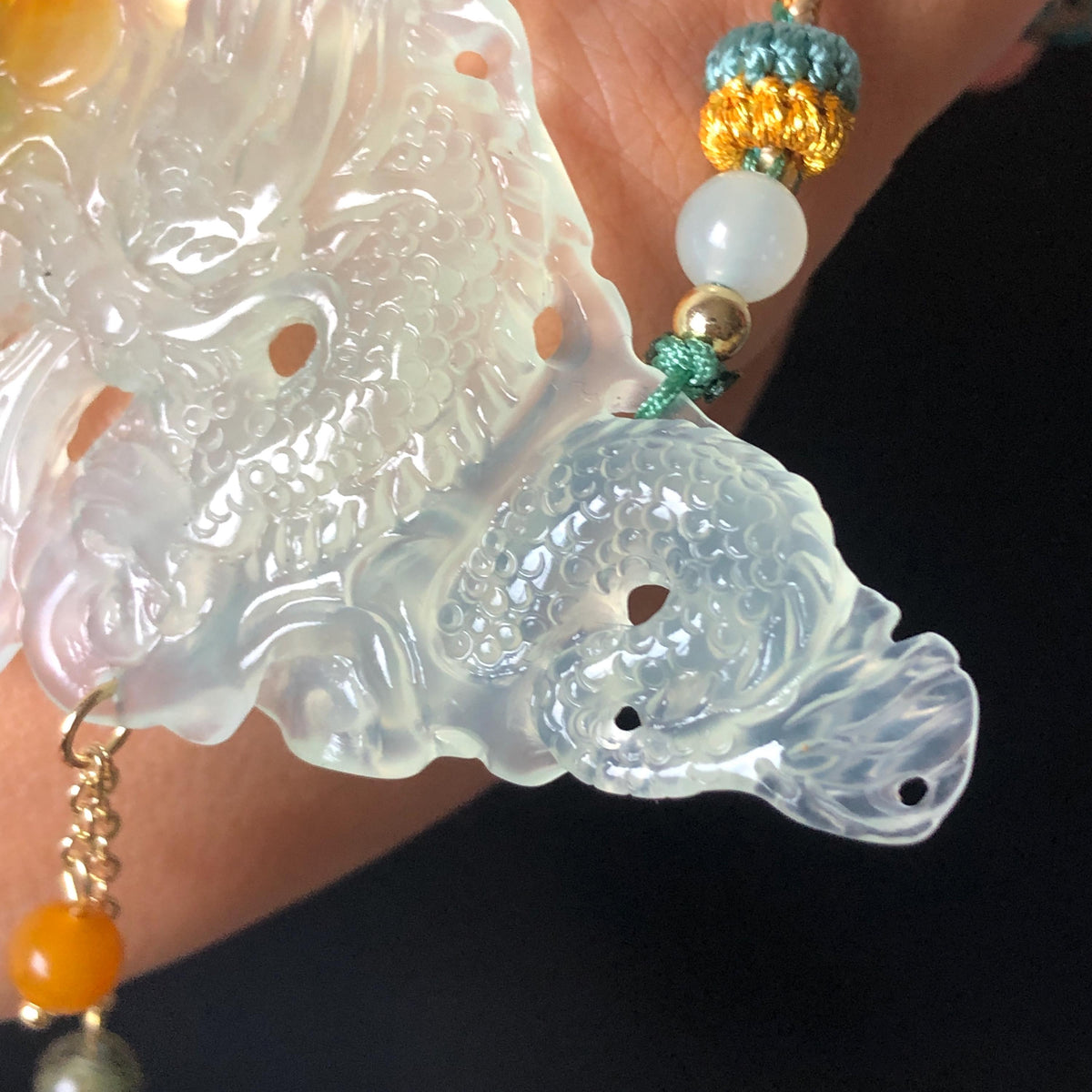 Xiu Jade Serpentine Dragon Hand Carved Pendant Adjustable Necklace: Natural Bluish Green and Yellow Jade Handcrafted Charm | Power & Wealth | Stone Crystal Gemstone Jewellery gift for her gift for him hand engraved jade handcrafted jade charm white jade brown jade green jade multicolor jade relief carving 3D stone carving dragon carving antique pendant asian vintage charm lucky charm big pendant certificate untreat real jade dragon lover gift protection cahrm
