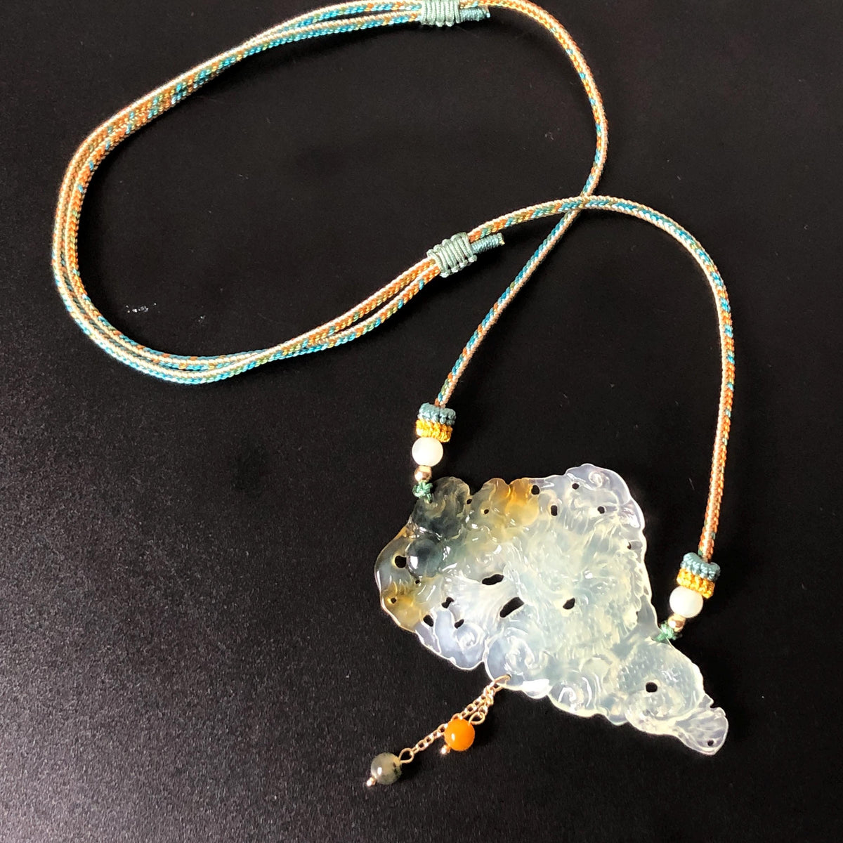 Xiu Jade Serpentine Dragon Hand Carved Pendant Adjustable Braided Necklace: Natural Bluish Green, Yellow, White Jade Handcrafted Charm