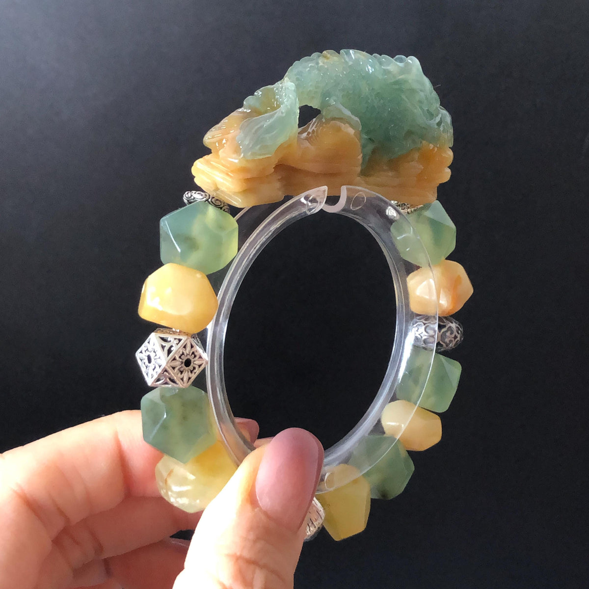 Xiu Jade Dragon Hand Carved Charm Irregular Bead Stretched Elastic Bracelet: Natural Ice Green Yellow Serpentine Jade & Vintage Tibetan Silver Accessory| Personalized Gift for her Natural Multi-coloured Jade customised bracelet hand engraved jade bracelet carved charm carved pendant dragon carving rose bracelet green jade yellow jade silver bracelet tailor made bracelet personalised bracelet diy bracelet untreated jade elastic stretch bracelet dragon lover gift 3D stone carving custom made