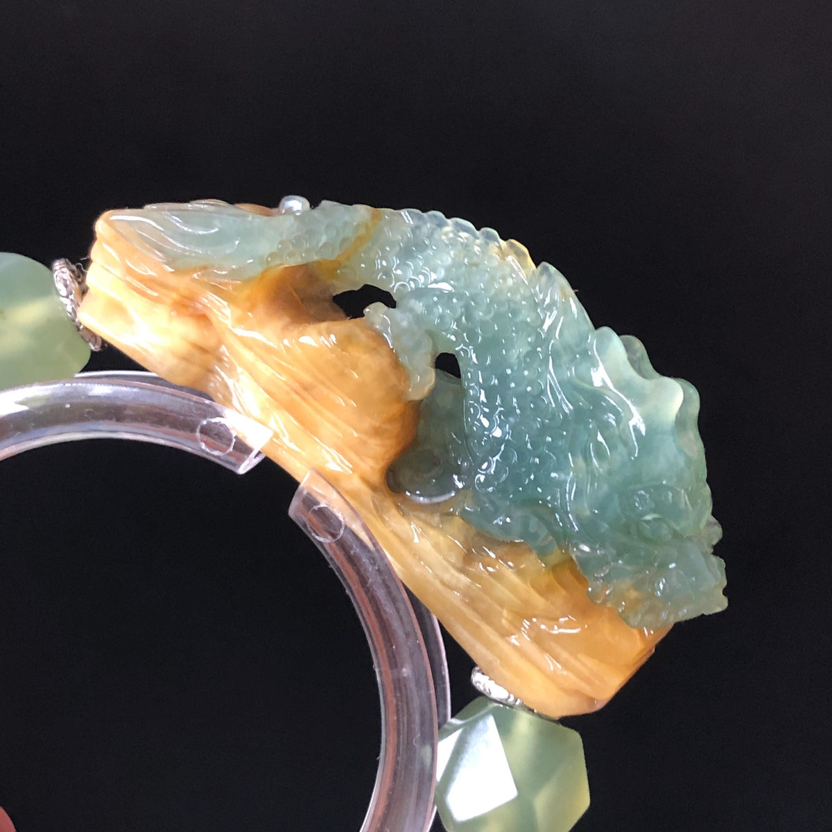 Xiu Jade Dragon Hand Carved Charm Irregular Bead Stretched Elastic Bracelet: Natural Ice Green Yellow Serpentine Jade & Vintage Tibetan Silver Accessory| Personalized Gift for her Natural Multi-coloured Jade customised bracelet hand engraved jade bracelet carved charm carved pendant dragon carving rose bracelet green jade yellow jade silver bracelet tailor made bracelet personalised bracelet diy bracelet untreated jade elastic stretch bracelet dragon lover gift 3D stone carving custom made