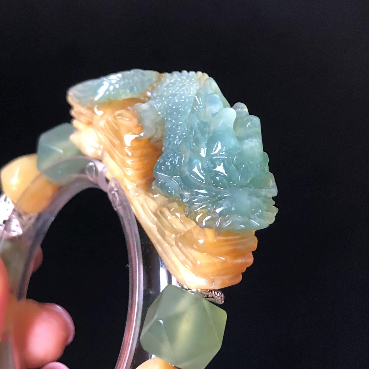 Xiu Jade Dragon Hand Carved Charm Irregular Bead Stretched Elastic Bracelet: Natural Ice Green Yellow Serpentine Jade & Vintage Tibetan Silver Accessory| Personalized Gift for her Natural Multi-coloured Jade customised bracelet hand engraved jade bracelet carved charm carved pendant dragon carving rose bracelet green jade yellow jade silver bracelet tailor made bracelet personalised bracelet diy bracelet untreated jade elastic stretch bracelet dragon lover gift 3D stone carving custom made
