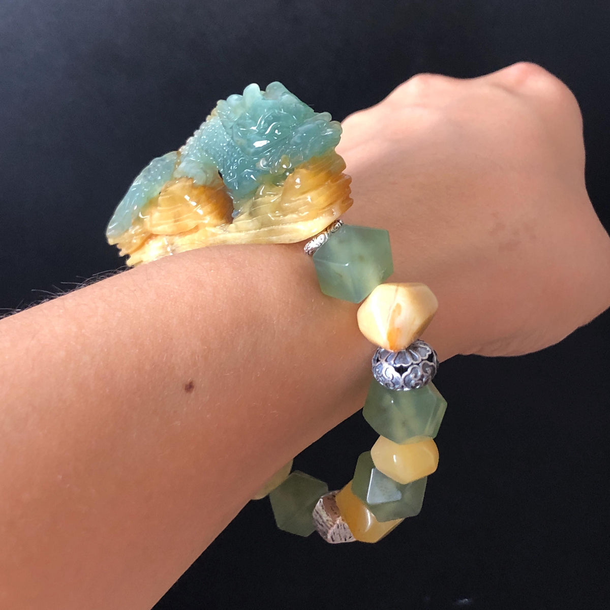 Xiu Jade Dragon Hand Carved Charm Irregular Bead Stretched Elastic Bracelet: Natural Ice Green Yellow Serpentine Jade & Vintage Tibetan Silver Accessory| Personalized Gift for her Natural Multi-coloured Jade customised bracelet hand engraved jade bracelet carved charm carved pendant dragon carving rose bracelet green jade yellow jade silver bracelet tailor made bracelet personalised bracelet diy bracelet untreated jade elastic stretch bracelet dragon lover gift 3D stone carving custom made