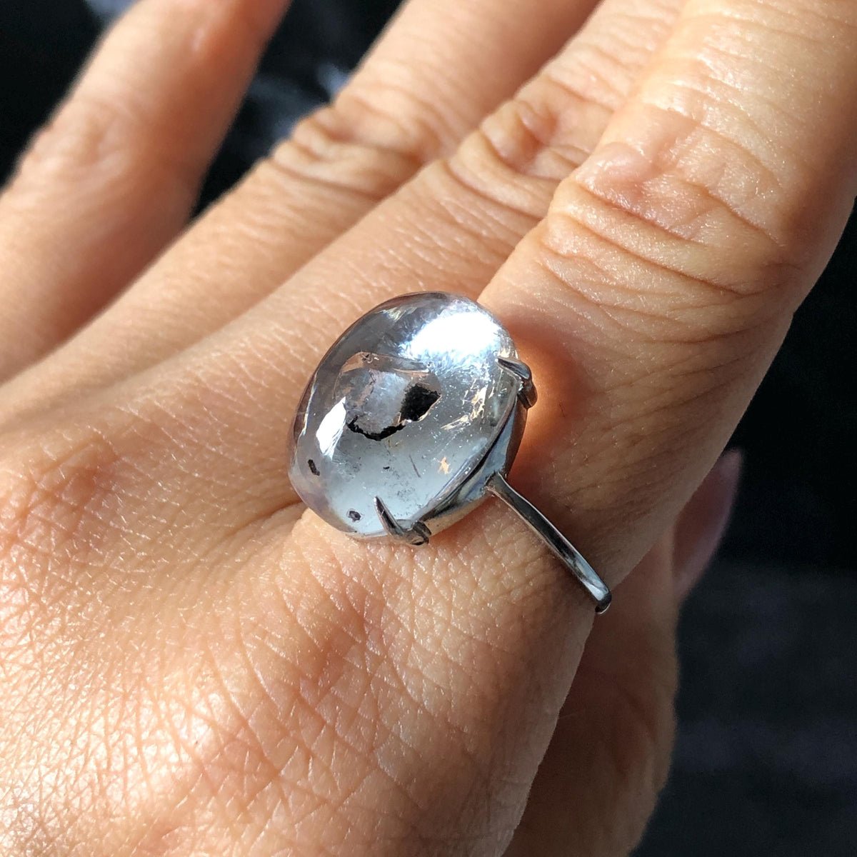 Enhydro Quartz (Herkimer Diamond) S925 Silver Adjustable Ring: Flowing Shimmering Fine Black Sand Waterfall in Manifestation Quartz Inclusion Polished Crystal Statement Ring for Women crystal band ring cocktail ring stackable ring 7 chakra meditation crystal healing stone birthstone silver ring ring for men rainbow quartz minerals specimen inclusion quartz quick sand inclusion fluid inclusion water inclusion cocktail ring stackable ring enhydro crystal ring men statement ring untreated crystal