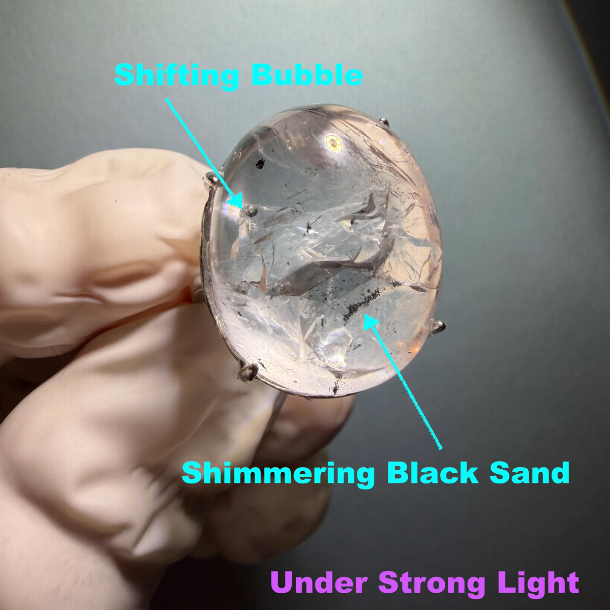 Enhydro Quartz (Herkimer Diamond) S925 Silver Adjustable Ring: Flowing Shimmering Black Sand & Shifting Bubble Inclusion Polished Crystal Statement Ring for Women crystal band ring cocktail ring stackable ring 7 chakra meditation crystal healing stone birthstone silver ring ring for men rainbow quartz minerals specimen inclusion quartz quick sand inclusion fluid inclusion water inclusion cocktail ring stackable ring enhydro crystal ring men statement ring untreated crystal