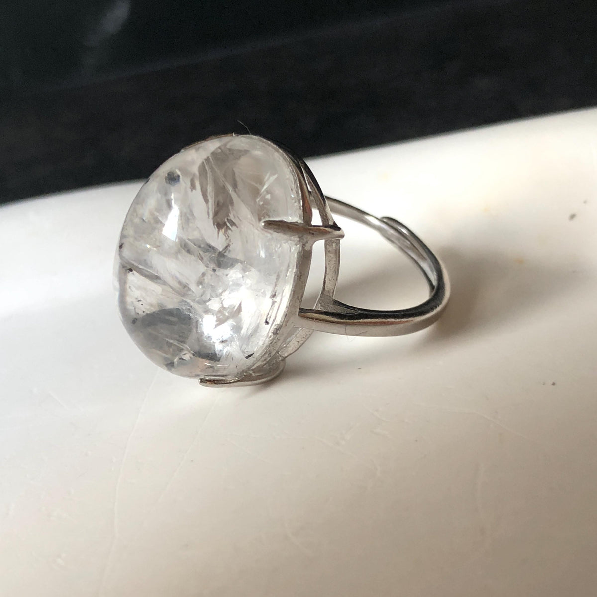 Enhydro Quartz (Herkimer Diamond) S925 Silver Adjustable Ring: Flowing Shimmering Black Sand & Shifting Bubble Inclusion Polished Crystal Statement Ring for Women crystal band ring cocktail ring stackable ring 7 chakra meditation crystal healing stone birthstone silver ring ring for men rainbow quartz minerals specimen inclusion quartz quick sand inclusion fluid inclusion water inclusion cocktail ring stackable ring enhydro crystal ring men statement ring untreated crystal
