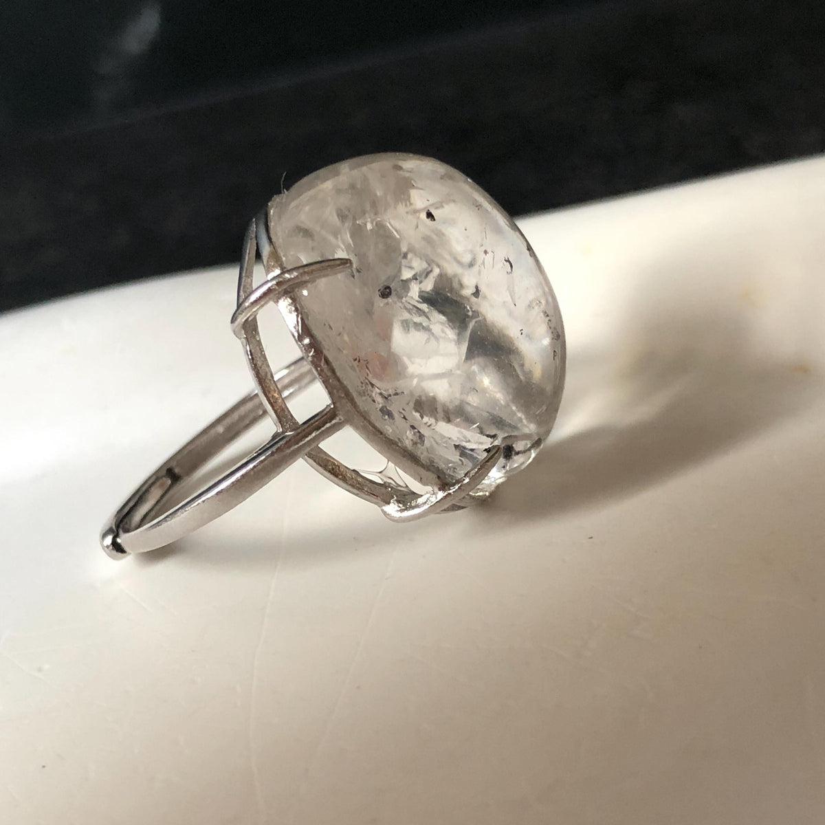 Enhydro Quartz (Herkimer Diamond) S925 Silver Adjustable Ring: Flowing Shimmering Black Sand & Shifting Bubble Inclusion Polished Crystal Statement Ring for Women crystal band ring cocktail ring stackable ring 7 chakra meditation crystal healing stone birthstone silver ring ring for men rainbow quartz minerals specimen inclusion quartz quick sand inclusion fluid inclusion water inclusion cocktail ring stackable ring enhydro crystal ring men statement ring untreated crystal