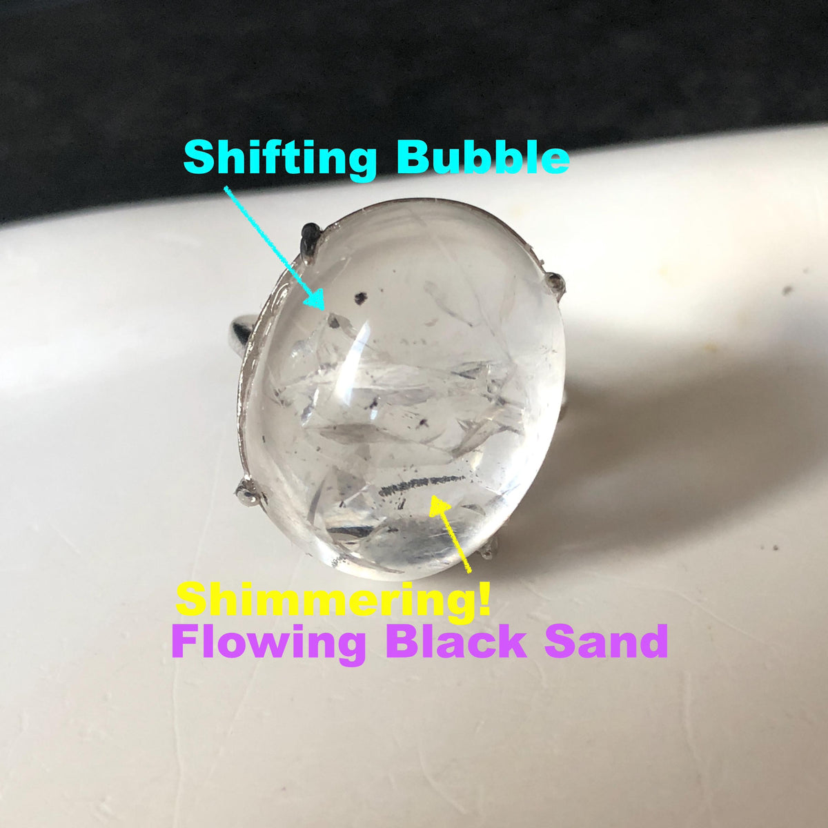 Enhydro Quartz (Herkimer Diamond) S925 Silver Adjustable Ring: Flowing Shimmering Black Sand & Shifting Bubble Inclusion Polished Crystal Statement Ring for Women crystal band ring cocktail ring stackable ring 7 chakra meditation crystal healing stone birthstone silver ring ring for men rainbow quartz minerals specimen inclusion quartz quick sand inclusion fluid inclusion water inclusion cocktail ring stackable ring enhydro crystal ring men statement ring untreated crystal