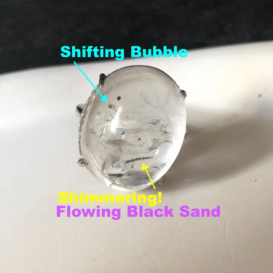 Enhydro Quartz (Herkimer Diamond) S925 Silver Adjustable Ring: Flowing Shimmering Black Sand & Shifting Bubble Inclusion Polished Crystal Statement Ring for Women crystal band ring cocktail ring stackable ring 7 chakra meditation crystal healing stone birthstone silver ring ring for men rainbow quartz minerals specimen inclusion quartz quick sand inclusion fluid inclusion water inclusion cocktail ring stackable ring enhydro crystal ring men statement ring untreated crystal