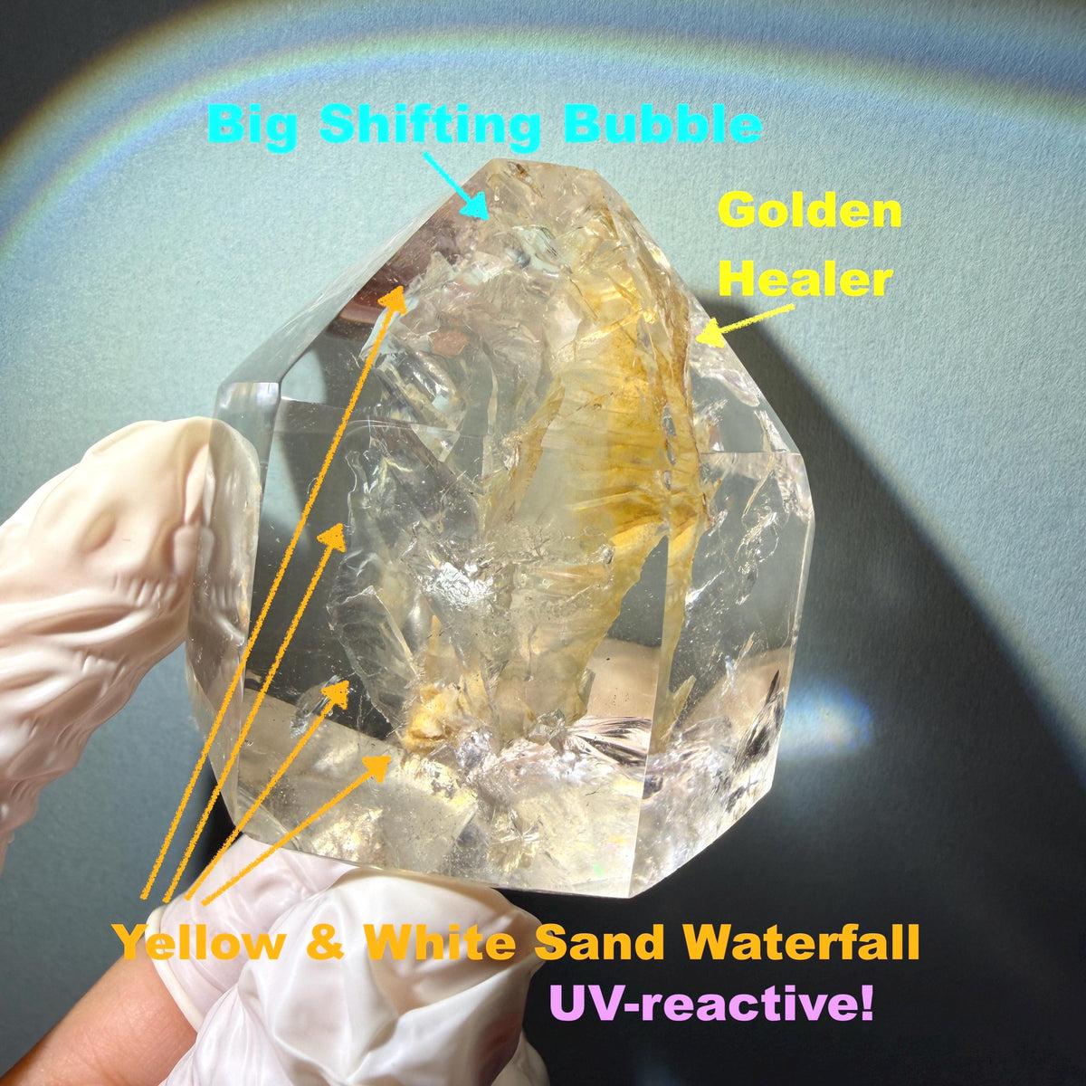 Ultra Rare! Enhydro Quartz Palm Stone: UV-reactive Yellow & White Sand Waterfall and Multiple Big Moving Bubbles Inclusion Golden Healer Polished Crystal | Natural Gemstone Birthstone Gift for her enhydro quartz sand water-fall pendant decorative piece gemstone charm stone pendant rainbow quartz polished stone crystal charm birthstone men necklace chakra crystal minerals specimen inclusion crystal inclusion crystal yellow sand inclusion yellow hematoid yellow iron oxide inclusion