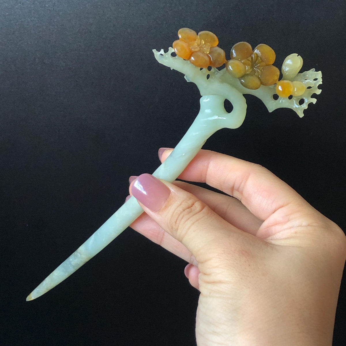 Xiu Jade Plum Blossom Flower Hand Carved Hair Pin: Certified Natural Serpentine Multicolor Brown Green Jade Handcrafted Hair Stick | Asian Vintage Hair Fork 3D stone carving Hair Jewelry Chinese Hanfu Hair Fork gift for her brown jade carving green jade  flower carving hand engraved hairpins japanese hair stick korean hair pins hair fork hair comb antique hairpins wedding headpiece engagement hair jewelry bridal shower gift wedding bridal hair accessory asian hair crown