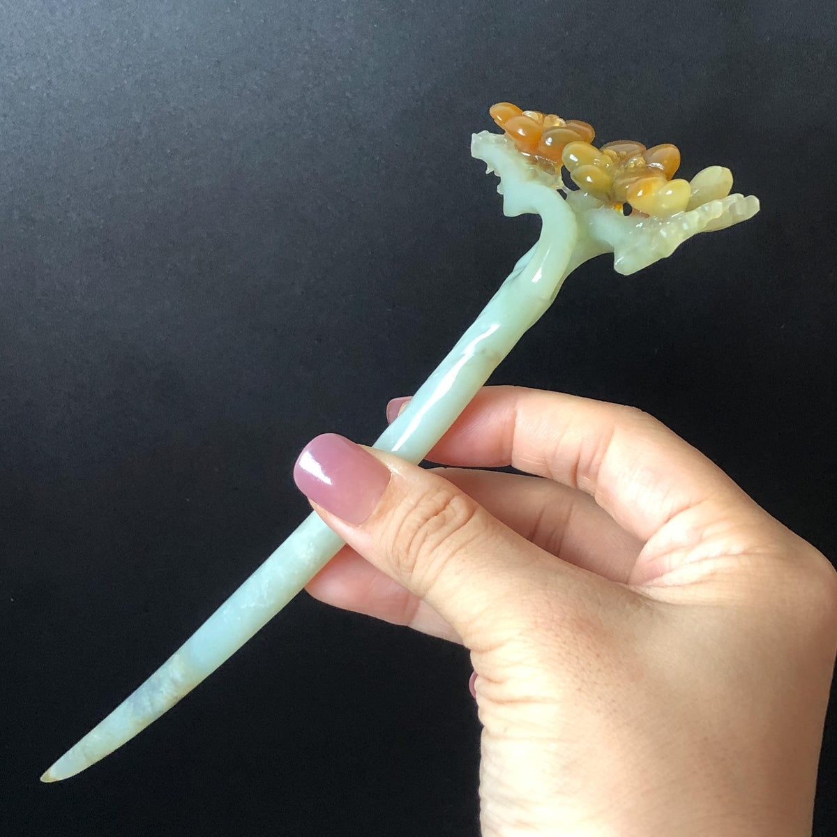Xiu Jade Plum Blossom Flower Hand Carved Hair Pin: Certified Natural Serpentine Multicolor Brown Green Jade Handcrafted Hair Stick | Asian Vintage Hair Fork 3D stone carving Hair Jewelry Chinese Hanfu Hair Fork gift for her brown jade carving green jade  flower carving hand engraved hairpins japanese hair stick korean hair pins hair fork hair comb antique hairpins wedding headpiece engagement hair jewelry bridal shower gift wedding bridal hair accessory asian hair crown