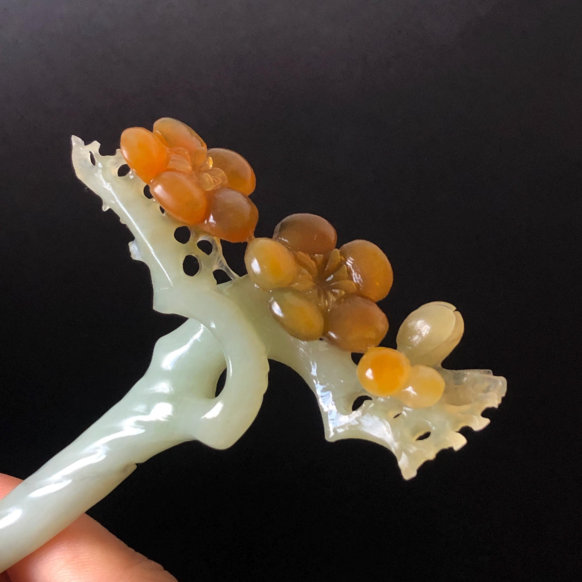 Xiu Jade Plum Blossom Flower Hand Carved Hair Pin: Certified Natural Serpentine Multicolor Brown Green Jade Handcrafted Hair Stick | Asian Vintage Hair Fork 3D stone carving Hair Jewelry Chinese Hanfu Hair Fork gift for her brown jade carving green jade  flower carving hand engraved hairpins japanese hair stick korean hair pins hair fork hair comb antique hairpins wedding headpiece engagement hair jewelry bridal shower gift wedding bridal hair accessory asian hair crown