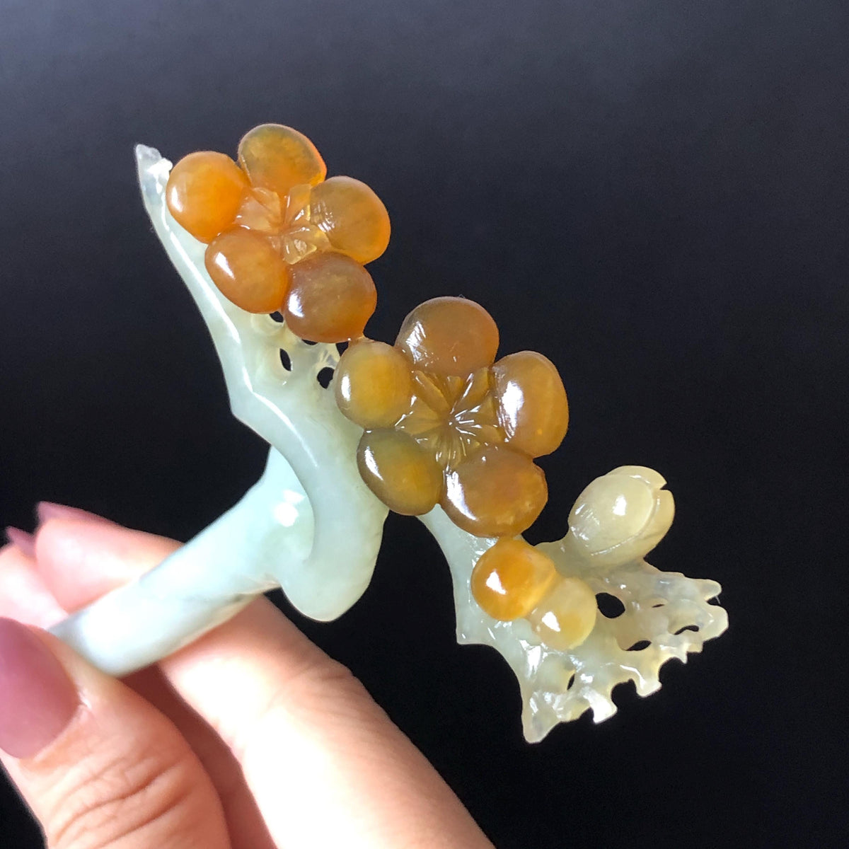 Xiu Jade Plum Blossom Flower Hand Carved Hair Pin: Certified Natural Serpentine Multicolor Brown Green Jade Handcrafted Hair Stick | Asian Vintage Hair Fork 3D stone carving Hair Jewelry Chinese Hanfu Hair Fork gift for her brown jade carving green jade  flower carving hand engraved hairpins japanese hair stick korean hair pins hair fork hair comb antique hairpins wedding headpiece engagement hair jewelry bridal shower gift wedding bridal hair accessory asian hair crown