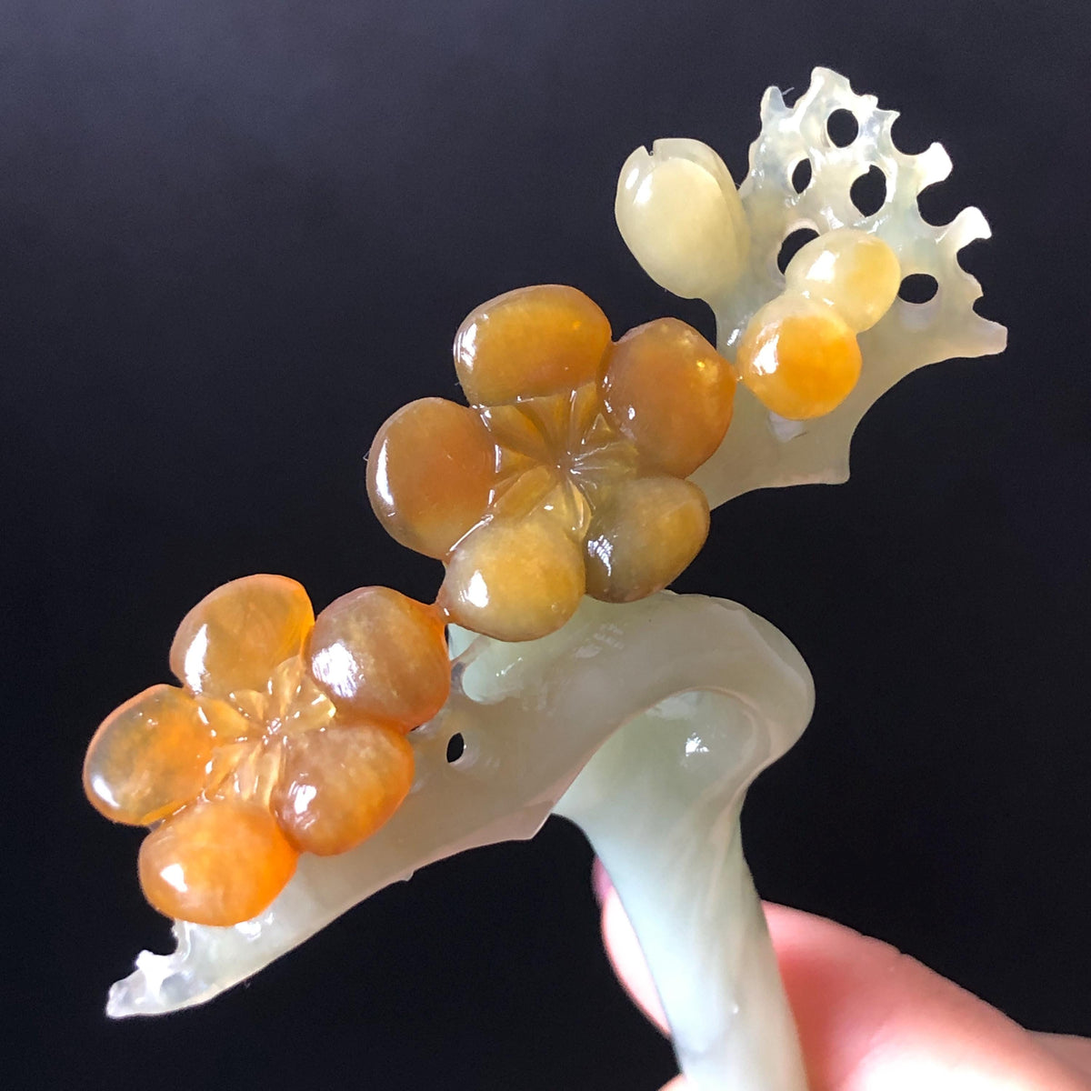 Xiu Jade Plum Blossom Flower Hand Carved Hair Pin: Certified Natural Serpentine Multicolor Brown Green Jade Handcrafted Hair Stick | Asian Vintage Hair Fork 3D stone carving Hair Jewelry Chinese Hanfu Hair Fork gift for her brown jade carving green jade  flower carving hand engraved hairpins japanese hair stick korean hair pins hair fork hair comb antique hairpins wedding headpiece engagement hair jewelry bridal shower gift wedding bridal hair accessory asian hair crown