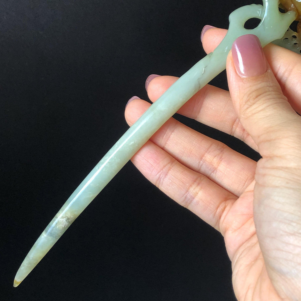 Xiu Jade Plum Blossom Flower Hand Carved Hair Pin: Certified Natural Serpentine Multicolor Brown Green Jade Handcrafted Hair Stick | Asian Vintage Hair Fork 3D stone carving Hair Jewelry Chinese Hanfu Hair Fork gift for her brown jade carving green jade  flower carving hand engraved hairpins japanese hair stick korean hair pins hair fork hair comb antique hairpins wedding headpiece engagement hair jewelry bridal shower gift wedding bridal hair accessory asian hair crown
