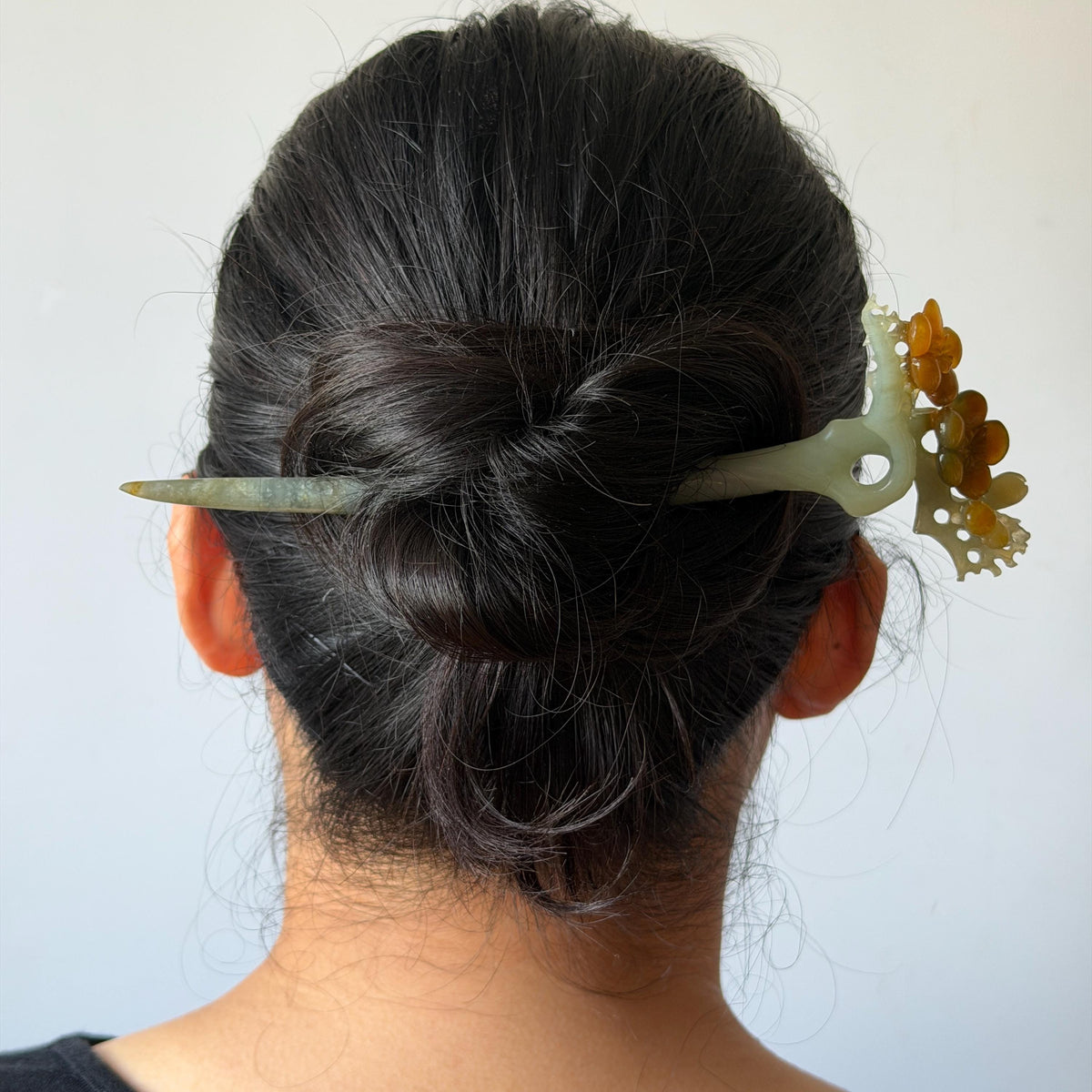 Xiu Jade Plum Blossom Flower Hand Carved Hair Pin: Certified Natural Serpentine Multicolor Brown Green Jade Handcrafted Hair Stick | Asian Vintage Hair Fork 3D stone carving Hair Jewelry Chinese Hanfu Hair Fork gift for her brown jade carving green jade  flower carving hand engraved hairpins japanese hair stick korean hair pins hair fork hair comb antique hairpins wedding headpiece engagement hair jewelry bridal shower gift wedding bridal hair accessory asian hair crown