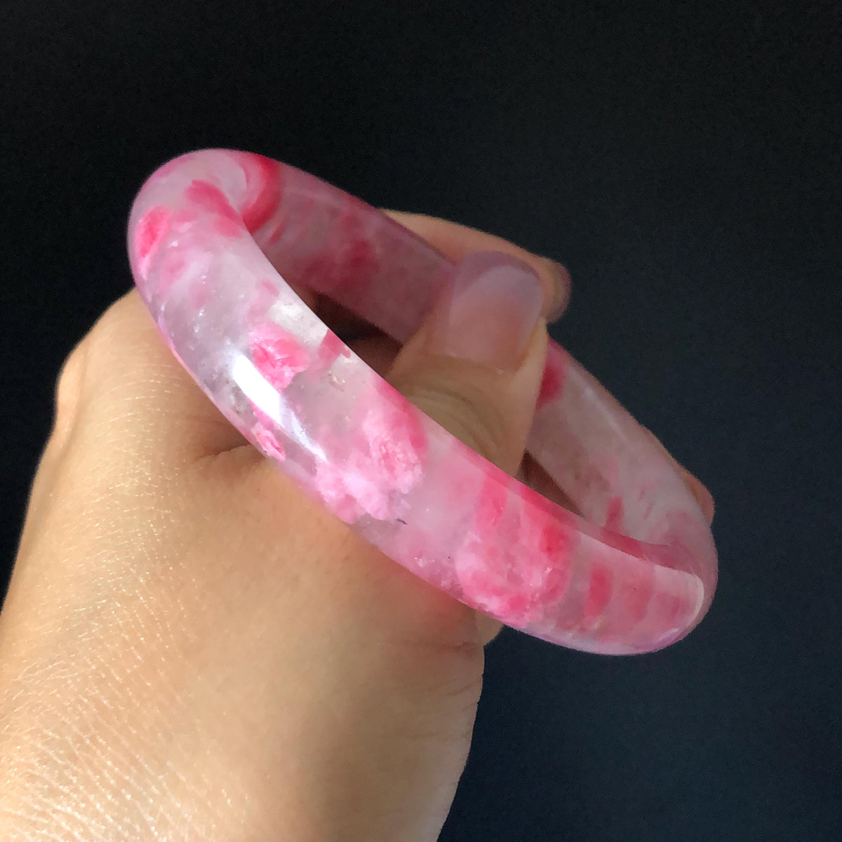 59.7mm Premium Ultra-rare Natural Icy Rhodonite Crystal Stone Gemstone Bangle | Blossom Flowers | Sakura Rain | Plum Blossom | Cherry Blossom icy natural crystal bracelet gemstone bangle pink stone bangle love stone healing stone heart chakra healing crystal mediative stone pink gemstone gift for her mother day gift