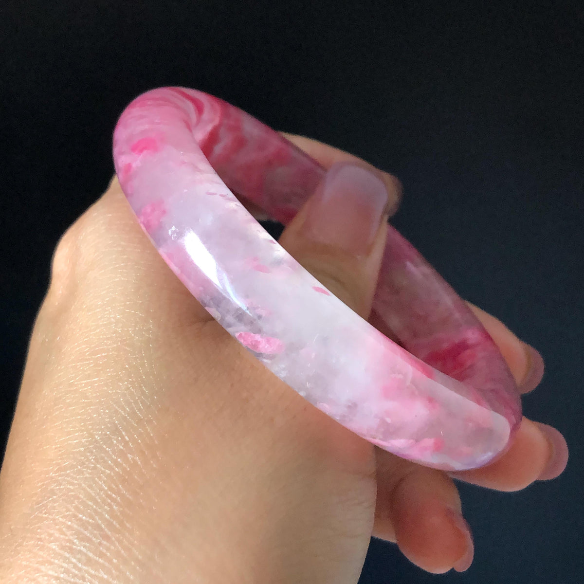 59.7mm Premium Ultra-rare Natural Icy Rhodonite Crystal Stone Gemstone Bangle | Blossom Flowers | Sakura Rain | Plum Blossom | Cherry Blossom icy natural crystal bracelet gemstone bangle pink stone bangle love stone healing stone heart chakra healing crystal mediative stone pink gemstone gift for her mother day gift
