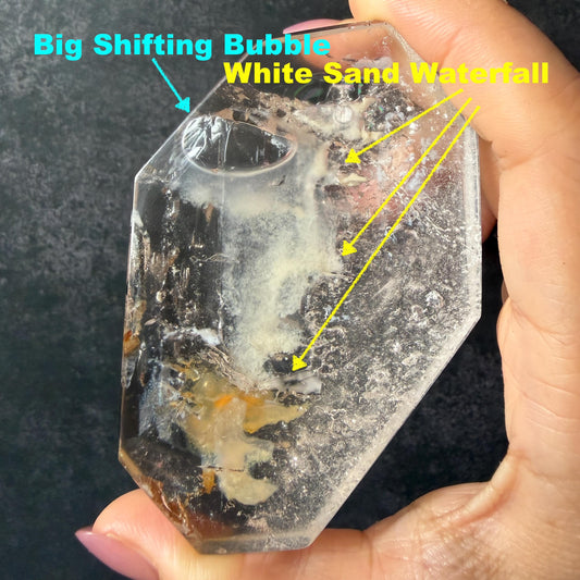Ultra Rare! Polished Enhydro Quartz White Sand Waterfall & Shifting Big Bubble Inclusion Crystal Palm Stone | Winter Snow | Natural Gemstone Birthstone Gift for her quicksand enhydro quartz sand water-fall pendant necklace choker gemstone charm polished stone pendant crystal charm birthstone men necklace chakra crystal minerals specimen sterling silver wire wrapped pendant inclusion quartz white sand inclusion rainbow quartz bubble inclusion cabochon inclusion crystal palm stone