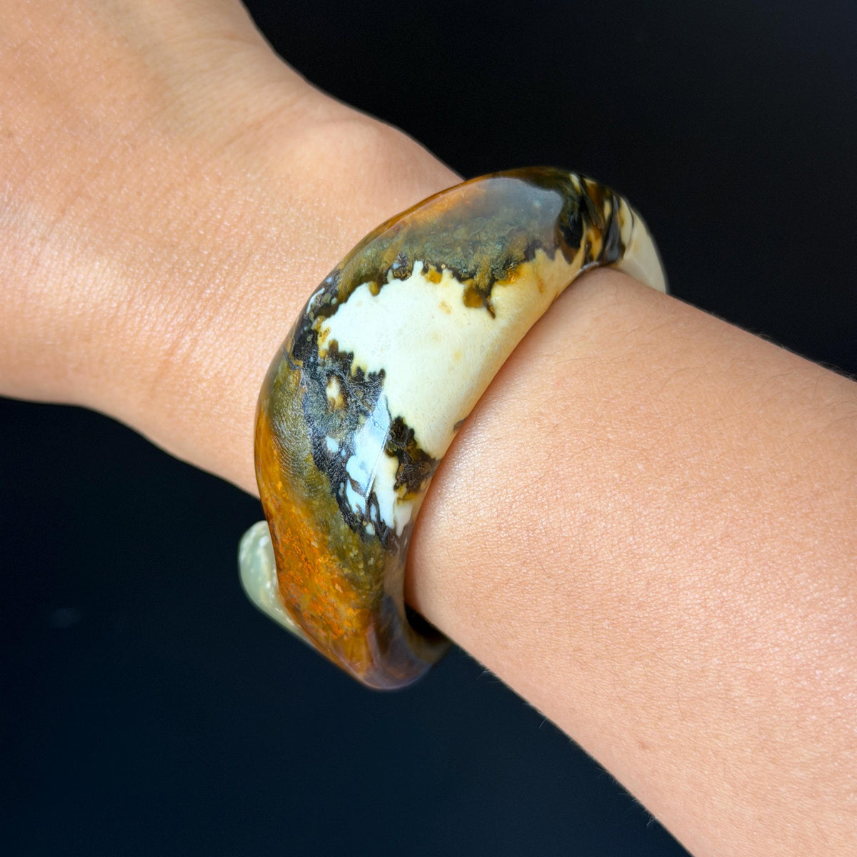 53.3mm Xiu Jade Serpentine Multi-colour Irregular Bangle: Natural Blue Brown Yellow White Green Jade Bracelet, Stone Carving Gemstone Jewelry untreated jade women bangle blue jade green jade white jade brown jade yellow jade multi color jade birthday gift for her wide bangle vintage bangle stone bracelet