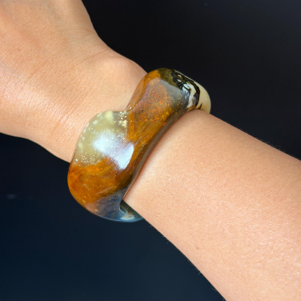 53.3mm Xiu Jade Serpentine Multi-colour Irregular Bangle: Natural Blue Brown Yellow White Green Jade Bracelet, Stone Carving Gemstone Jewelry untreated jade women bangle blue jade green jade white jade brown jade yellow jade multi color jade birthday gift for her wide bangle vintage bangle stone bracelet