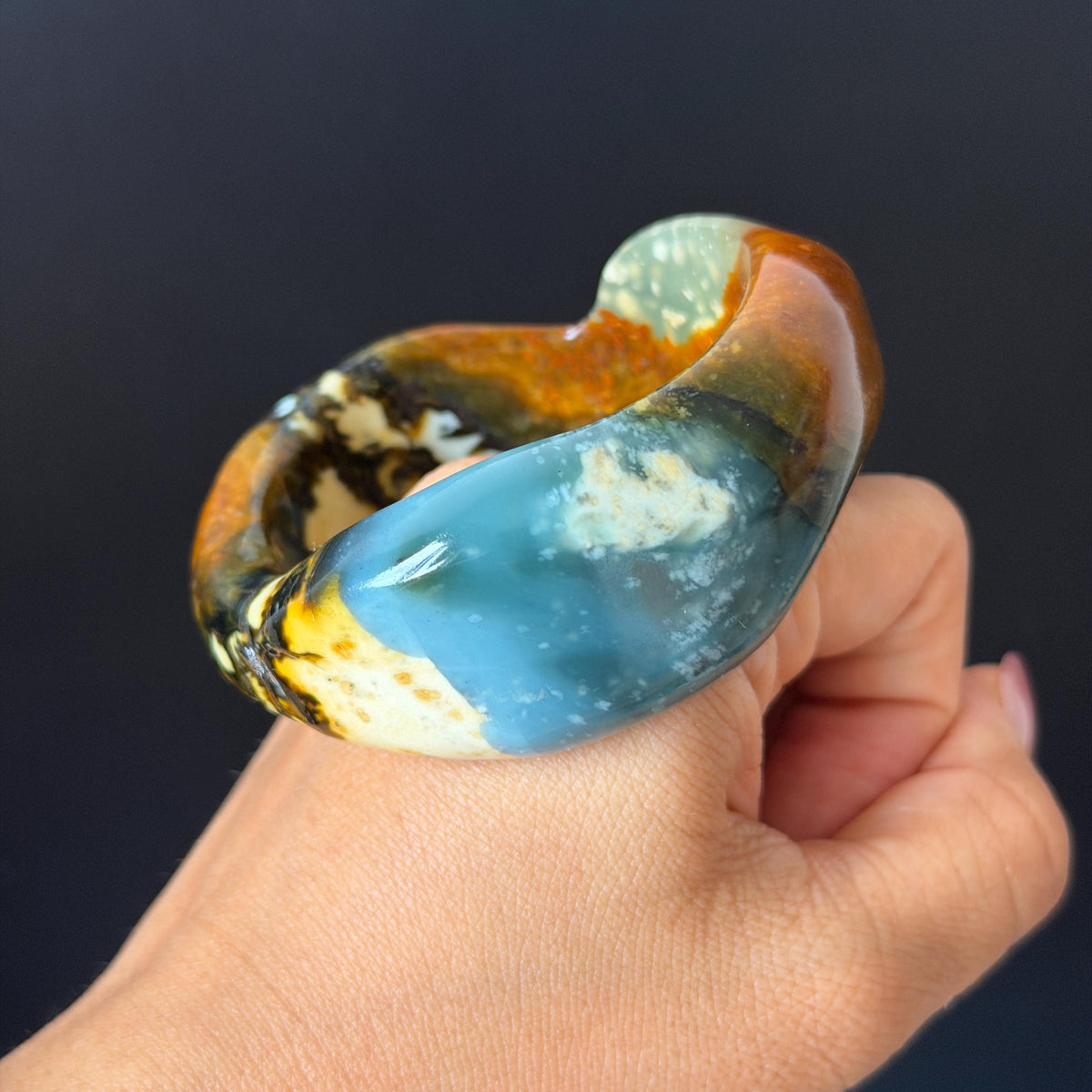 53.3mm Xiu Jade Serpentine Multi-colour Irregular Bangle: Natural Blue Brown Yellow White Green Jade Bracelet, Stone Carving Gemstone Jewelry untreated jade women bangle blue jade green jade white jade brown jade yellow jade multi color jade birthday gift for her wide bangle vintage bangle stone bracelet