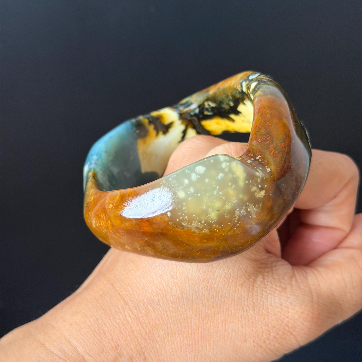 53.3mm Xiu Jade Serpentine Multi-colour Irregular Bangle: Natural Blue Brown Yellow White Green Jade Bracelet, Stone Carving Gemstone Jewelry untreated jade women bangle blue jade green jade white jade brown jade yellow jade multi color jade birthday gift for her wide bangle vintage bangle stone bracelet