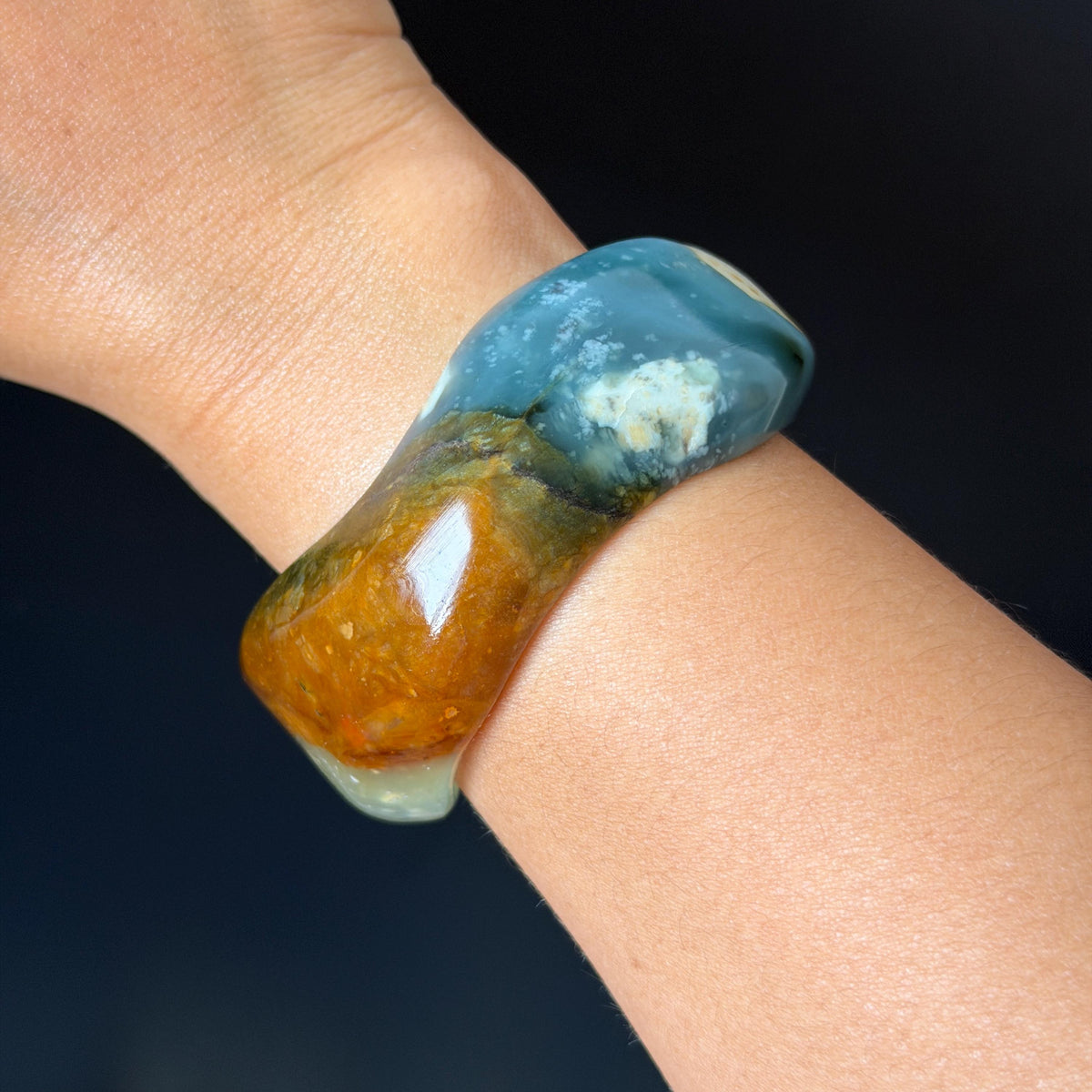 53.3mm Xiu Jade Serpentine Multi-colour Irregular Bangle: Natural Blue Brown Yellow White Green Jade Bracelet, Stone Carving Gemstone Jewelry untreated jade women bangle blue jade green jade white jade brown jade yellow jade multi color jade birthday gift for her wide bangle vintage bangle stone bracelet