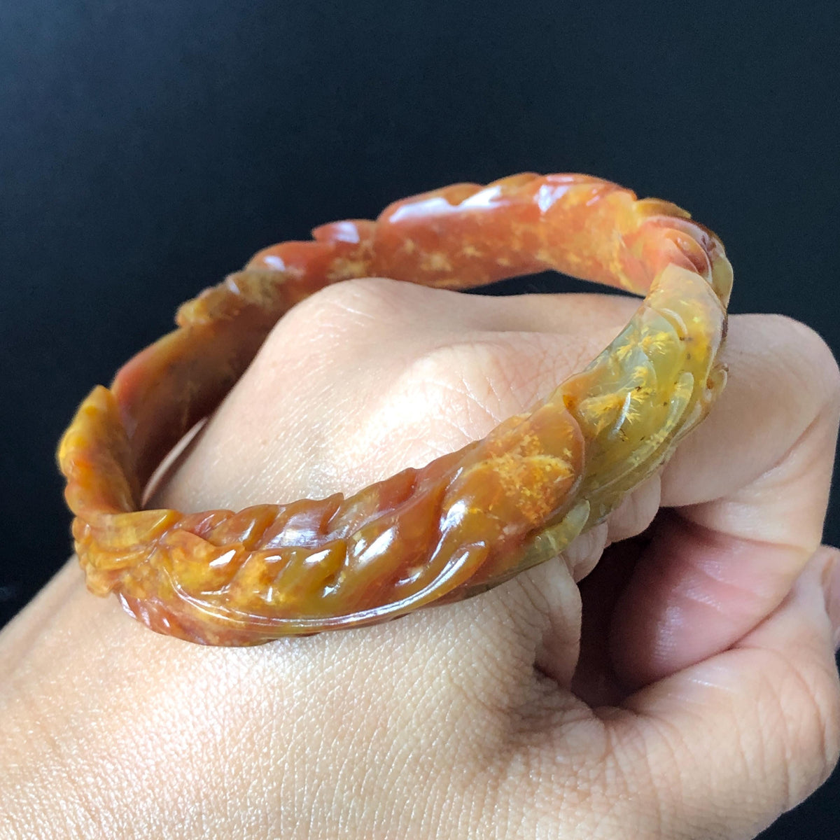 Custom Size 50-62mm! Xiu Jade Fire Phoenix & Red Peony Hand Carved Bangle: Certified Natural Serpentine Yellow Red Jade handcrafted Bracelet 3D stone carving Accept Customized order tailor-made bangle customized gift phoenix lover gift for her natural jade with certificate bracelet red jade yellow jade multicolour jade certified jade stone bangle gemstone bracelet jade carving phoenix carving peony carving personalized gift make to order chinese untreated jade birthday gift hallow out