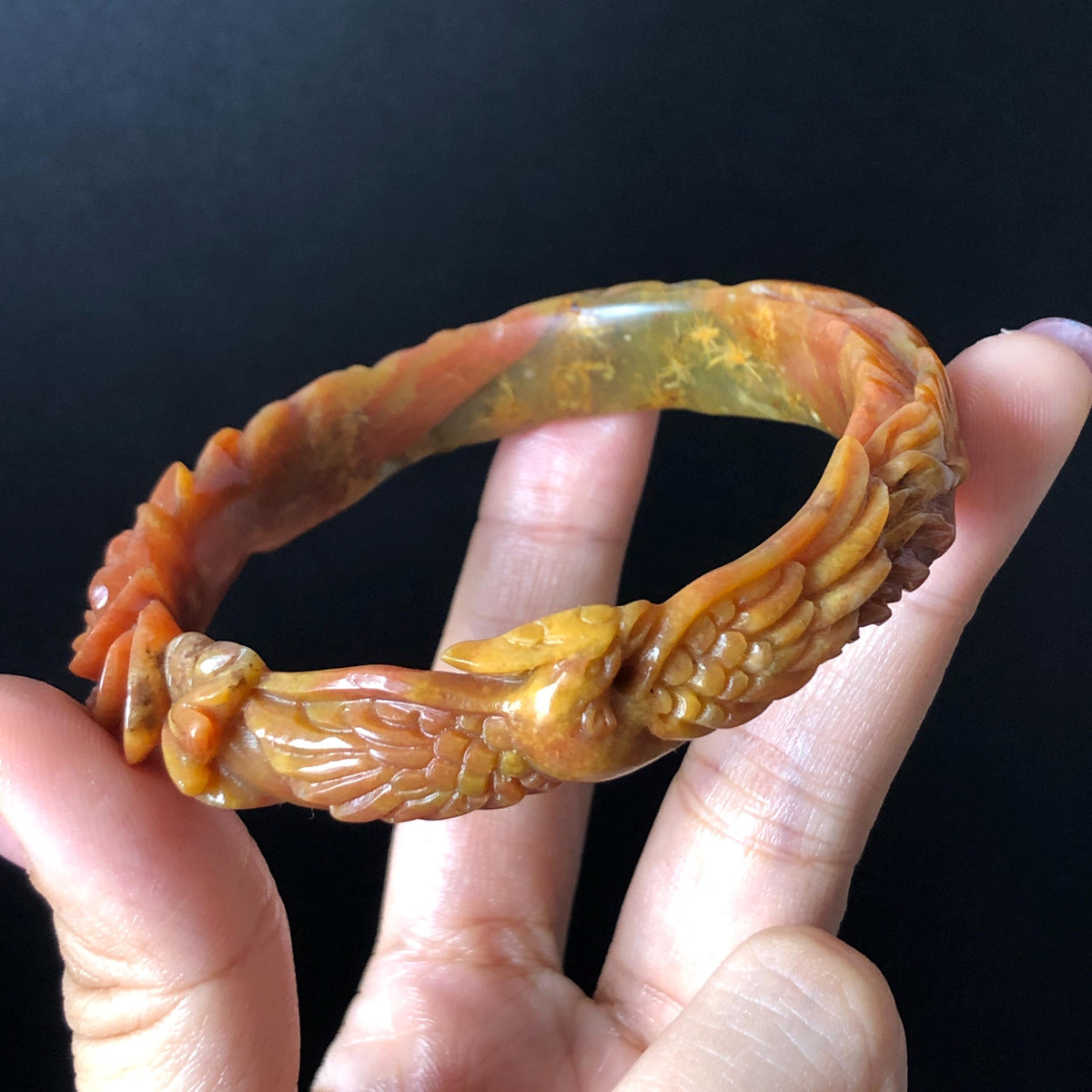 Custom Size 50-62mm! Xiu Jade Fire Phoenix & Red Peony Hand Carved Bangle: Certified Natural Serpentine Yellow Red Jade handcrafted Bracelet 3D stone carving Accept Customized order tailor-made bangle customized gift phoenix lover gift for her natural jade with certificate bracelet red jade yellow jade multicolour jade certified jade stone bangle gemstone bracelet jade carving phoenix carving peony carving personalized gift make to order chinese untreated jade birthday gift hallow out