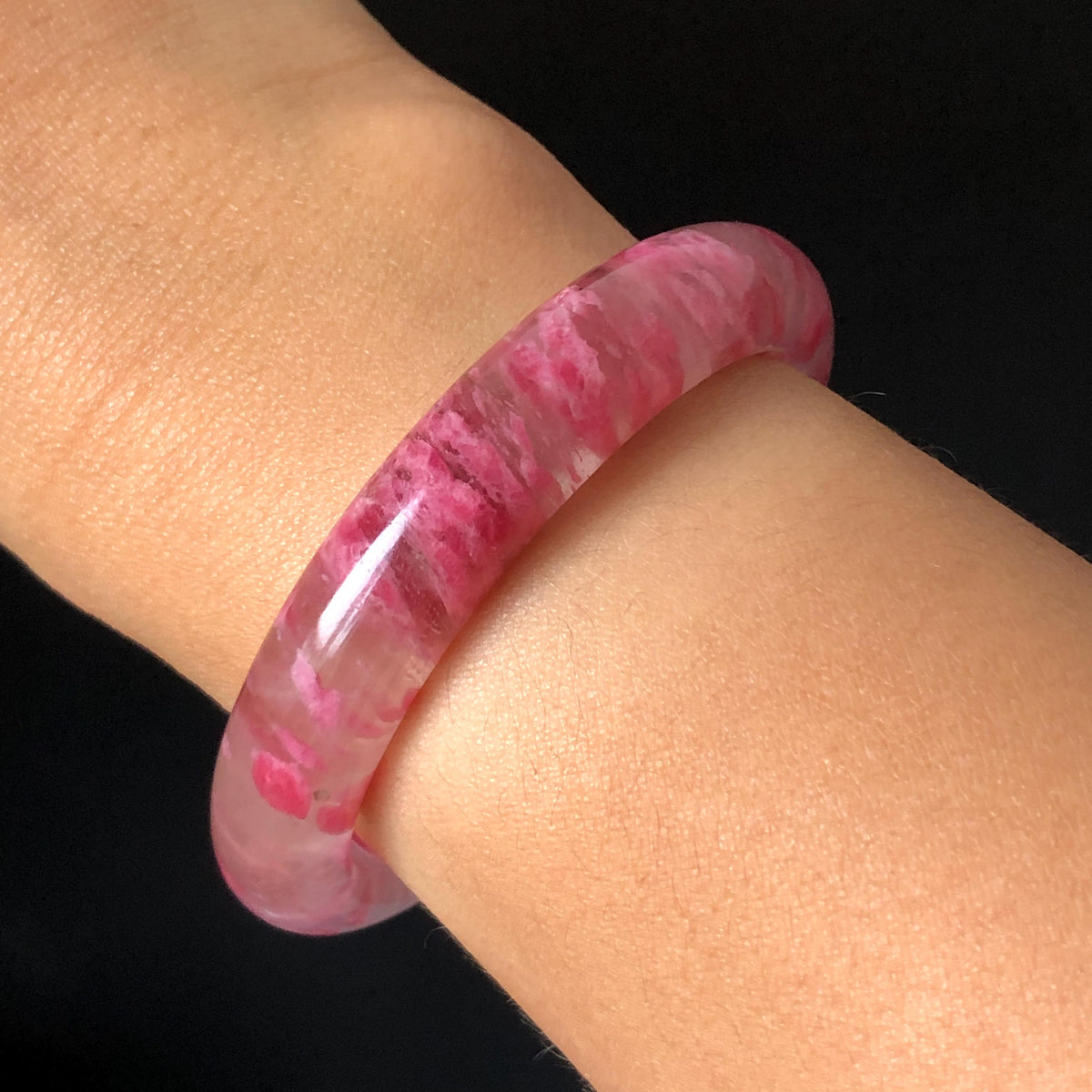 53.1mm Premium Ultra-rare Icy Rhodonite Crystal Bangle: Natural Blossom Flowers Sakura Rain Plum Cherry Blossom Healing Stone Heart Chakra icy natural crystal bracelet gemstone bangle pink stone bangle love stone healing stone heart chakra healing crystal mediative stone pink gemstone gift for her mother day gift
