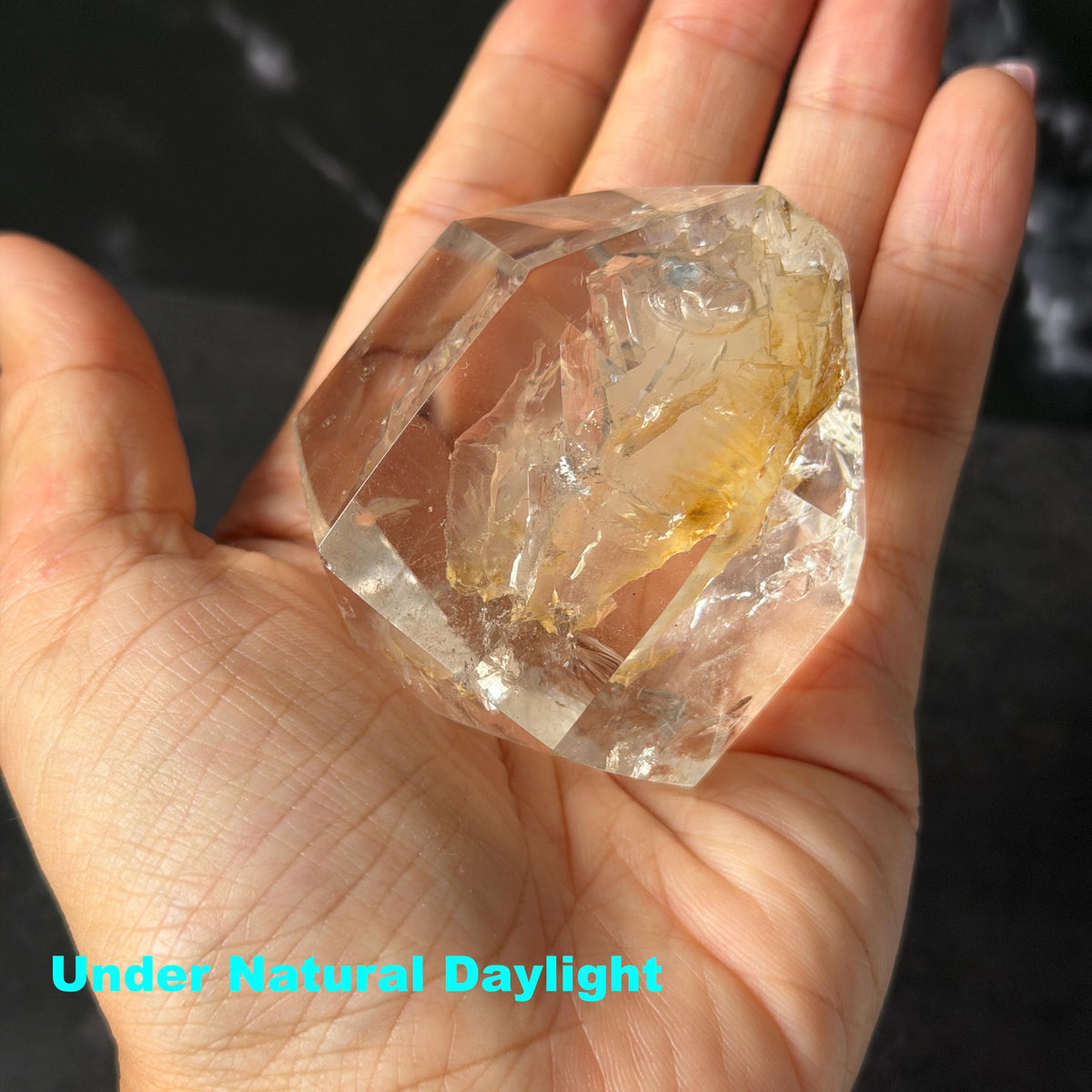 Ultra Rare! Enhydro Quartz Palm Stone: UV-reactive Yellow & White Sand Waterfall and Multiple Big Moving Bubbles Inclusion Golden Healer Polished Crystal | Natural Gemstone Birthstone Gift for her enhydro quartz sand water-fall pendant decorative piece gemstone charm stone pendant rainbow quartz polished stone crystal charm birthstone men necklace chakra crystal minerals specimen inclusion crystal inclusion crystal yellow sand inclusion yellow hematoid yellow iron oxide inclusion UV reactive