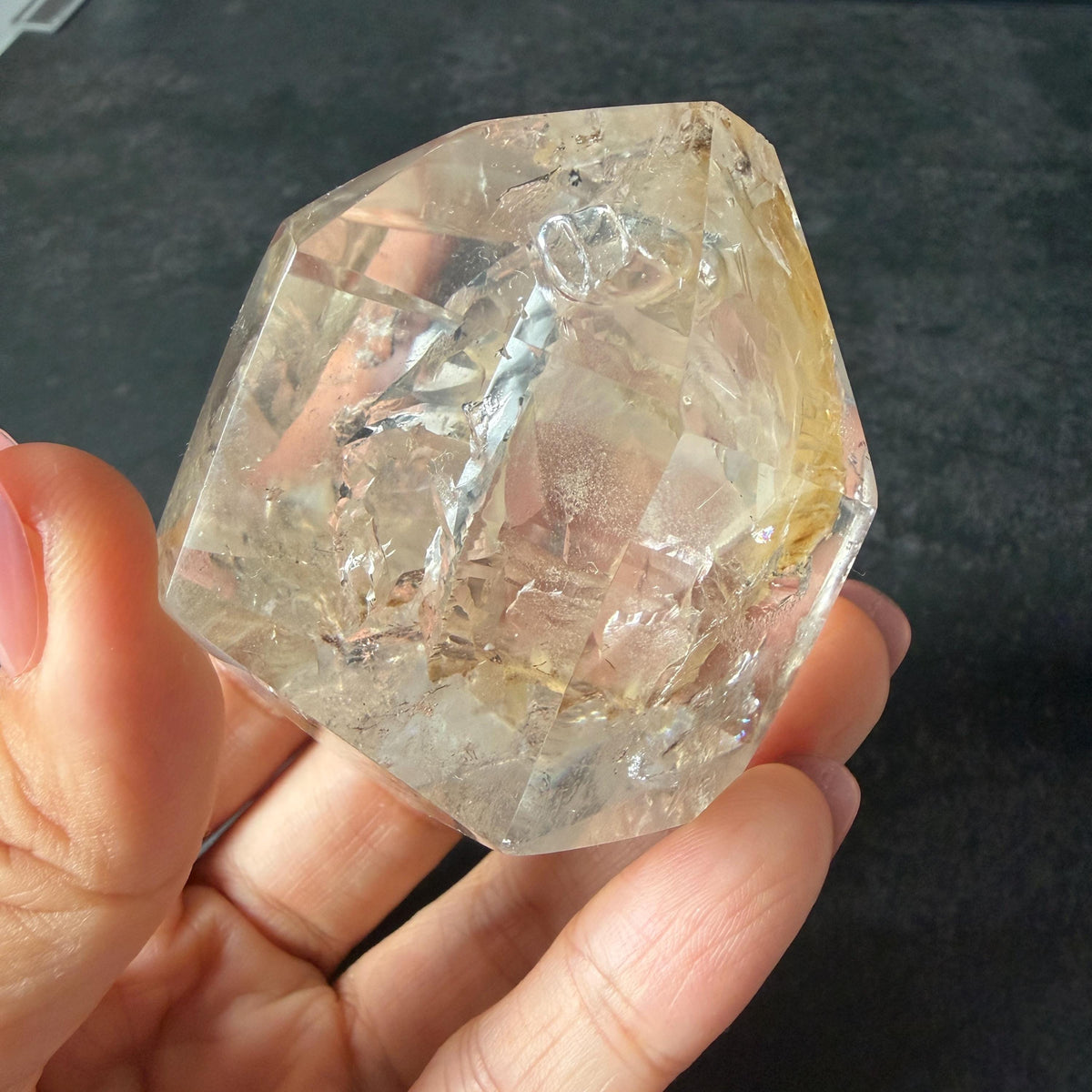 Ultra Rare! Enhydro Quartz Palm Stone: UV-reactive Yellow & White Sand Waterfall and Multiple Big Moving Bubbles Inclusion Golden Healer Polished Crystal | Natural Gemstone Birthstone Gift for her enhydro quartz sand water-fall pendant decorative piece gemstone charm stone pendant rainbow quartz polished stone crystal charm birthstone men necklace chakra crystal minerals specimen inclusion crystal inclusion crystal yellow sand inclusion yellow hematoid yellow iron oxide inclusion UV reactive