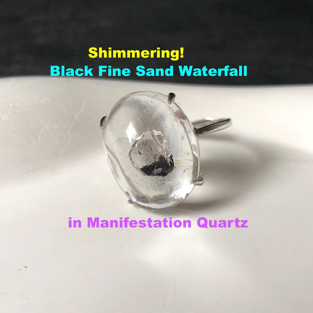 Enhydro Quartz (Herkimer Diamond) S925 Silver Adjustable Ring: Flowing Shimmering Fine Black Sand Waterfall in Manifestation Quartz Inclusion Polished Crystal Statement Ring for Women crystal band ring cocktail ring stackable ring 7 chakra meditation crystal healing stone birthstone silver ring ring for men rainbow quartz minerals specimen inclusion quartz quick sand inclusion fluid inclusion water inclusion cocktail ring stackable ring enhydro crystal ring men statement ring untreated crystal