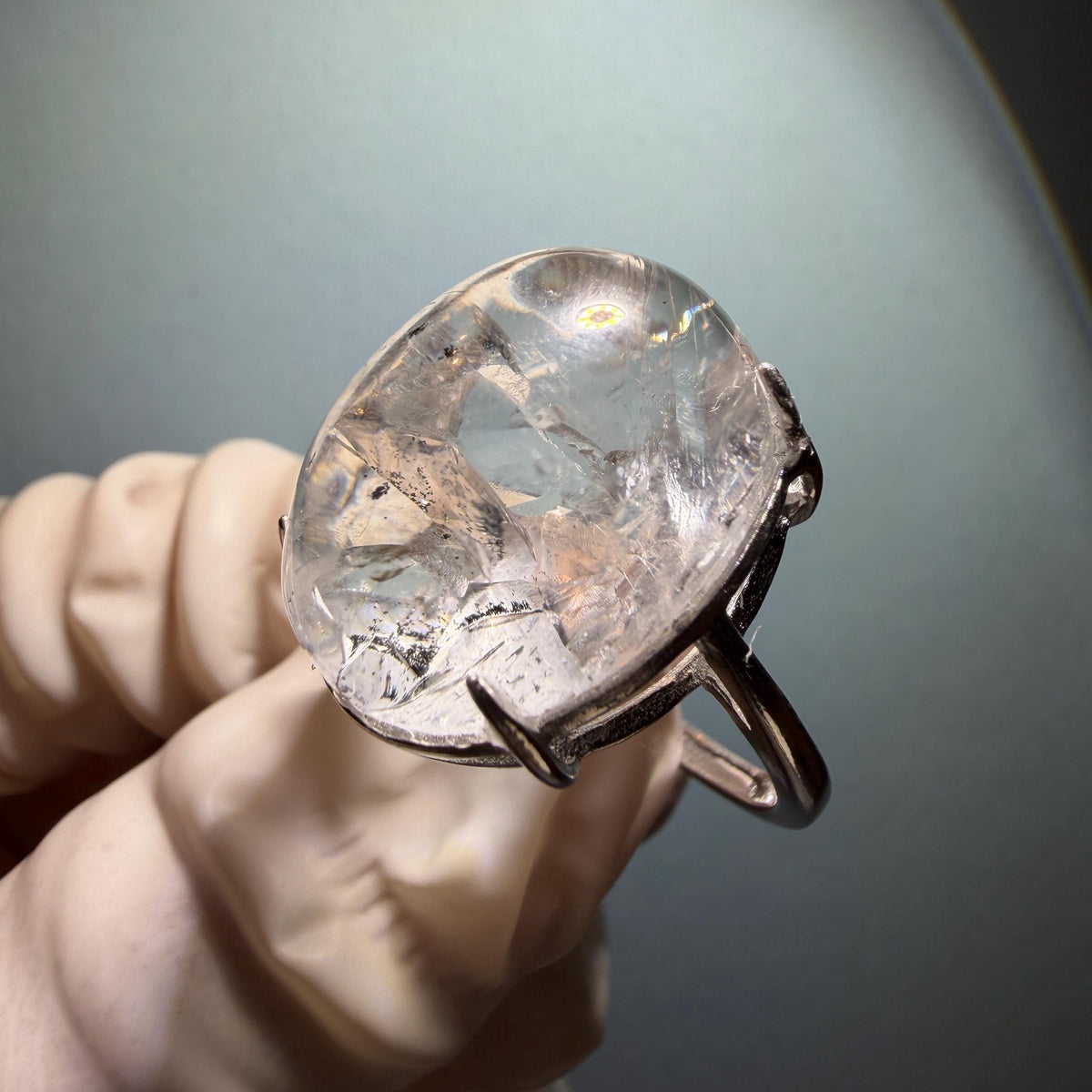 Enhydro Quartz (Herkimer Diamond) S925 Silver Adjustable Ring: Flowing Shimmering Black Sand & Shifting Bubble Inclusion Polished Crystal Statement Ring for Women crystal band ring cocktail ring stackable ring 7 chakra meditation crystal healing stone birthstone silver ring ring for men rainbow quartz minerals specimen inclusion quartz quick sand inclusion fluid inclusion water inclusion cocktail ring stackable ring enhydro crystal ring men statement ring untreated crystal