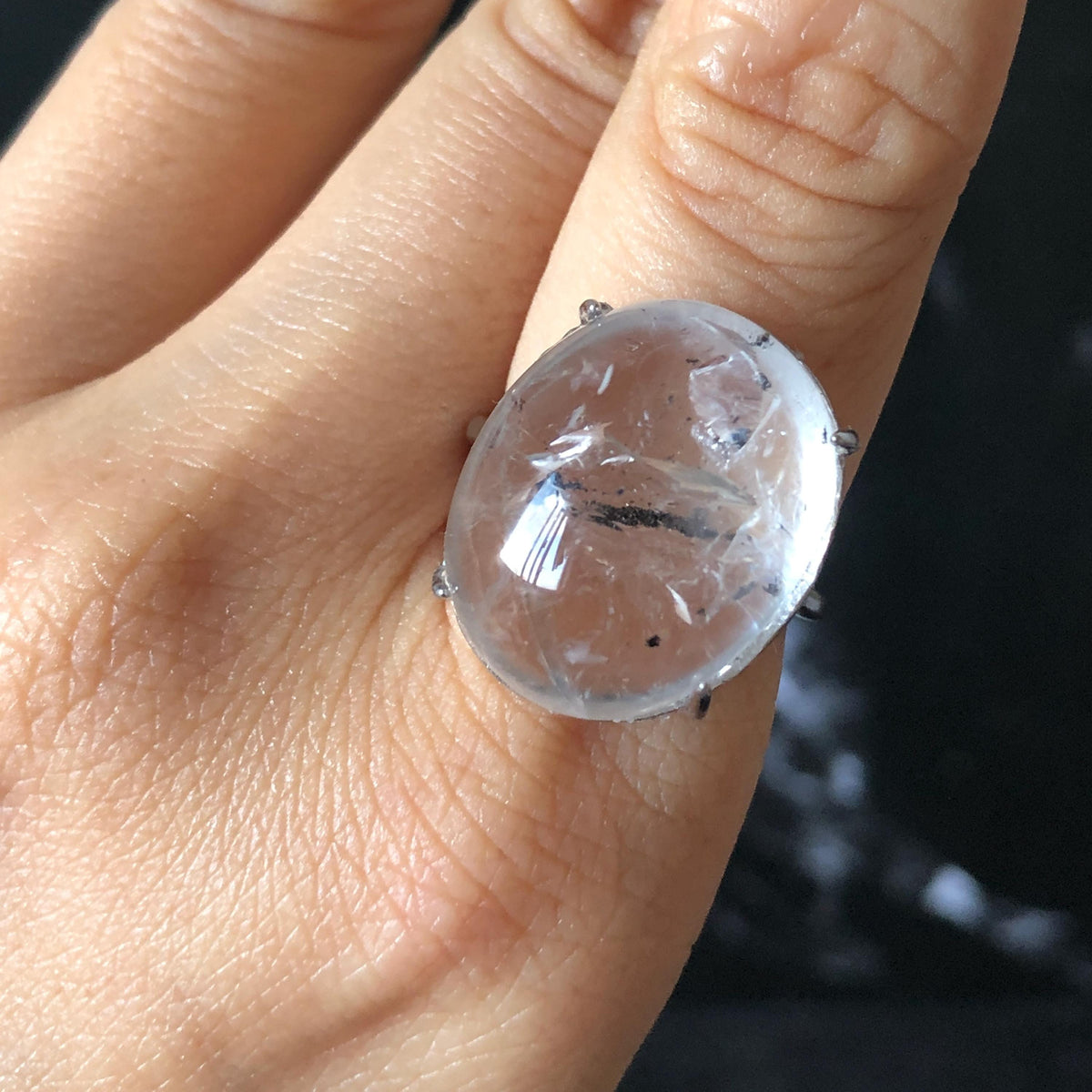 Enhydro Quartz (Herkimer Diamond) S925 Silver Adjustable Ring: Flowing Shimmering Black Sand & Shifting Bubble Inclusion Polished Crystal Statement Ring for Women crystal band ring cocktail ring stackable ring 7 chakra meditation crystal healing stone birthstone silver ring ring for men rainbow quartz minerals specimen inclusion quartz quick sand inclusion fluid inclusion water inclusion cocktail ring stackable ring enhydro crystal ring men statement ring untreated crystal