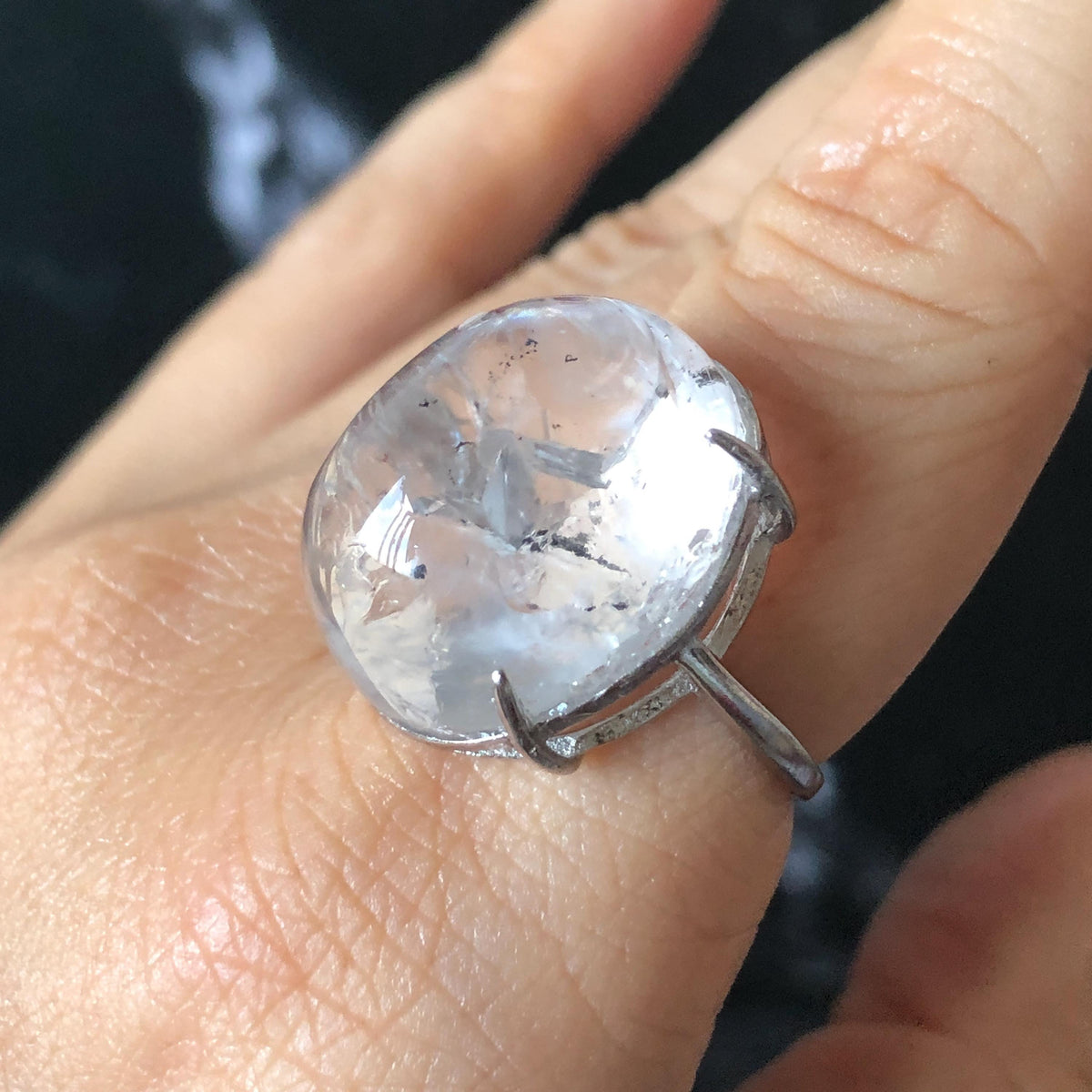 Enhydro Quartz (Herkimer Diamond) S925 Silver Adjustable Ring: Flowing Shimmering Black Sand & Shifting Bubble Inclusion Polished Crystal Statement Ring for Women crystal band ring cocktail ring stackable ring 7 chakra meditation crystal healing stone birthstone silver ring ring for men rainbow quartz minerals specimen inclusion quartz quick sand inclusion fluid inclusion water inclusion cocktail ring stackable ring enhydro crystal ring men statement ring untreated crystal