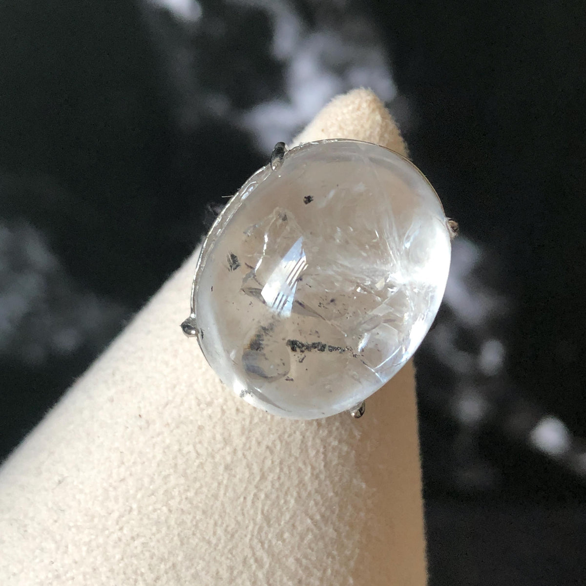 Enhydro Quartz (Herkimer Diamond) S925 Silver Adjustable Ring: Flowing Shimmering Black Sand & Shifting Bubble Inclusion Polished Crystal Statement Ring for Women crystal band ring cocktail ring stackable ring 7 chakra meditation crystal healing stone birthstone silver ring ring for men rainbow quartz minerals specimen inclusion quartz quick sand inclusion fluid inclusion water inclusion cocktail ring stackable ring enhydro crystal ring men statement ring untreated crystal