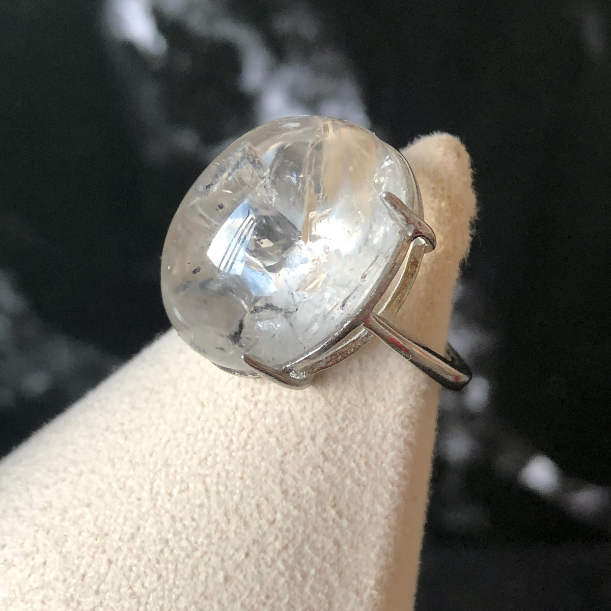 Enhydro Quartz (Herkimer Diamond) S925 Silver Adjustable Ring: Flowing Shimmering Black Sand & Shifting Bubble Inclusion Polished Crystal Statement Ring for Women crystal band ring cocktail ring stackable ring 7 chakra meditation crystal healing stone birthstone silver ring ring for men rainbow quartz minerals specimen inclusion quartz quick sand inclusion fluid inclusion water inclusion cocktail ring stackable ring enhydro crystal ring men statement ring untreated crystal