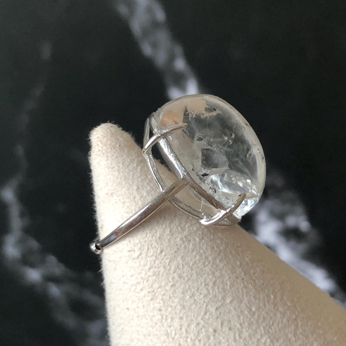 Enhydro Quartz (Herkimer Diamond) S925 Silver Adjustable Ring: Flowing Shimmering Black Sand & Shifting Bubble Inclusion Polished Crystal Statement Ring for Women crystal band ring cocktail ring stackable ring 7 chakra meditation crystal healing stone birthstone silver ring ring for men rainbow quartz minerals specimen inclusion quartz quick sand inclusion fluid inclusion water inclusion cocktail ring stackable ring enhydro crystal ring men statement ring untreated crystal