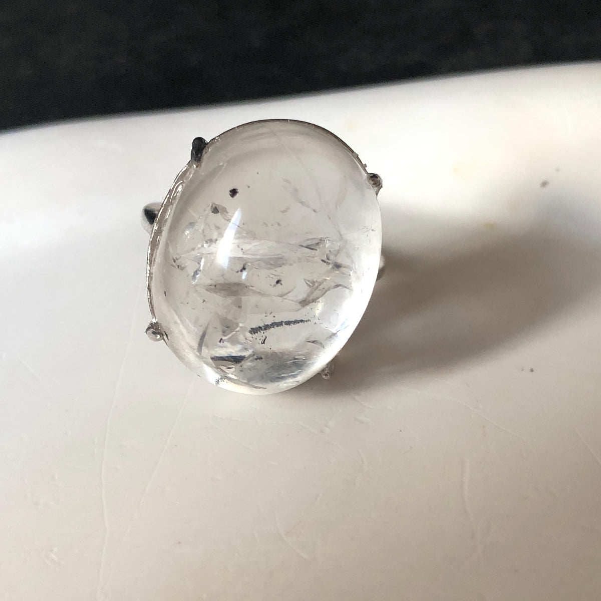 Enhydro Quartz (Herkimer Diamond) S925 Silver Adjustable Ring: Flowing Shimmering Black Sand & Shifting Bubble Inclusion Polished Crystal Statement Ring for Women crystal band ring cocktail ring stackable ring 7 chakra meditation crystal healing stone birthstone silver ring ring for men rainbow quartz minerals specimen inclusion quartz quick sand inclusion fluid inclusion water inclusion cocktail ring stackable ring enhydro crystal ring men statement ring untreated crystal
