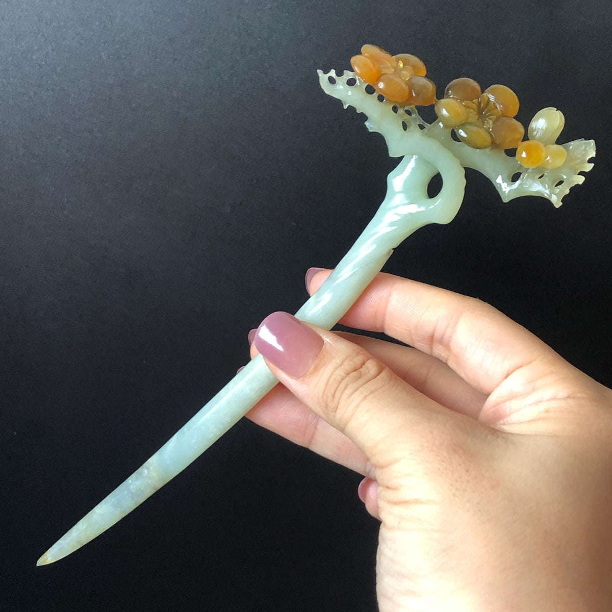 Xiu Jade Plum Blossom Flower Hand Carved Hair Pin: Certified Natural Serpentine Multicolor Brown Green Jade Handcrafted Hair Stick | Asian Vintage Hair Fork 3D stone carving Hair Jewelry Chinese Hanfu Hair Fork gift for her brown jade carving green jade  flower carving hand engraved hairpins japanese hair stick korean hair pins hair fork hair comb antique hairpins wedding headpiece engagement hair jewelry bridal shower gift wedding bridal hair accessory asian hair crown