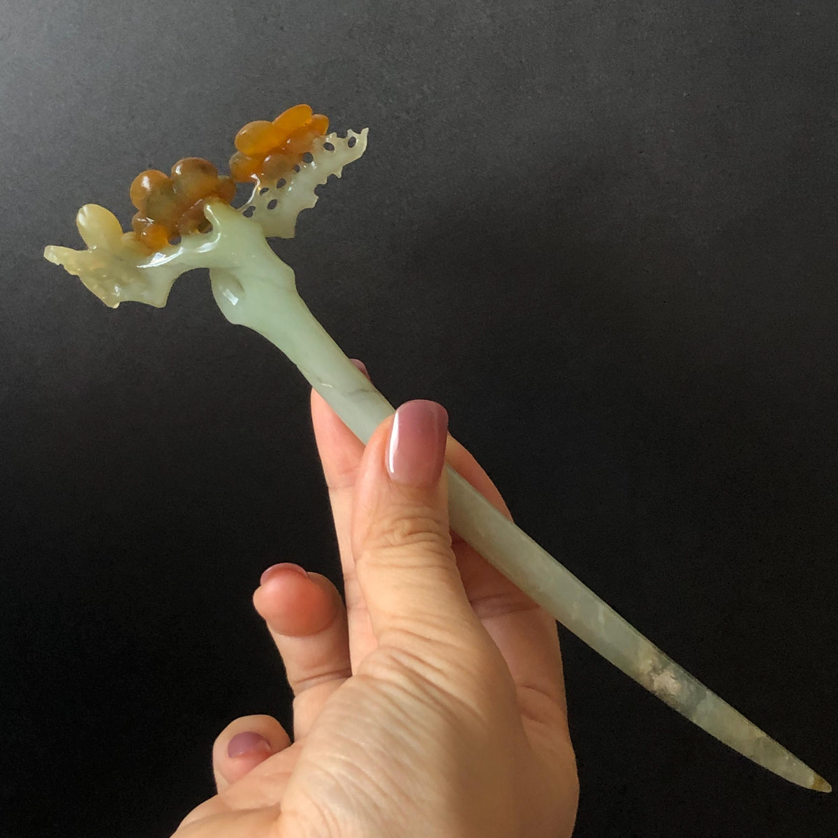 Xiu Jade Plum Blossom Flower Hand Carved Hair Pin: Certified Natural Serpentine Multicolor Brown Green Jade Handcrafted Hair Stick | Asian Vintage Hair Fork 3D stone carving Hair Jewelry Chinese Hanfu Hair Fork gift for her brown jade carving green jade  flower carving hand engraved hairpins japanese hair stick korean hair pins hair fork hair comb antique hairpins wedding headpiece engagement hair jewelry bridal shower gift wedding bridal hair accessory asian hair crown