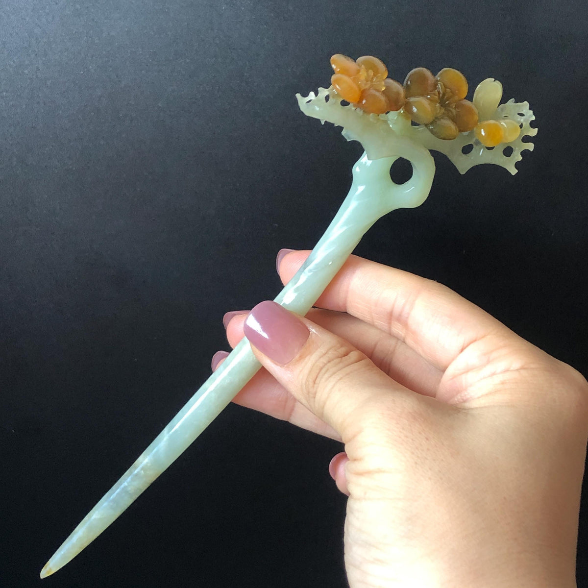 Xiu Jade Plum Blossom Flower Hand Carved Hair Pin: Certified Natural Serpentine Multicolor Brown Green Jade Handcrafted Hair Stick | Asian Vintage Hair Fork 3D stone carving Hair Jewelry Chinese Hanfu Hair Fork gift for her brown jade carving green jade  flower carving hand engraved hairpins japanese hair stick korean hair pins hair fork hair comb antique hairpins wedding headpiece engagement hair jewelry bridal shower gift wedding bridal hair accessory asian hair crown