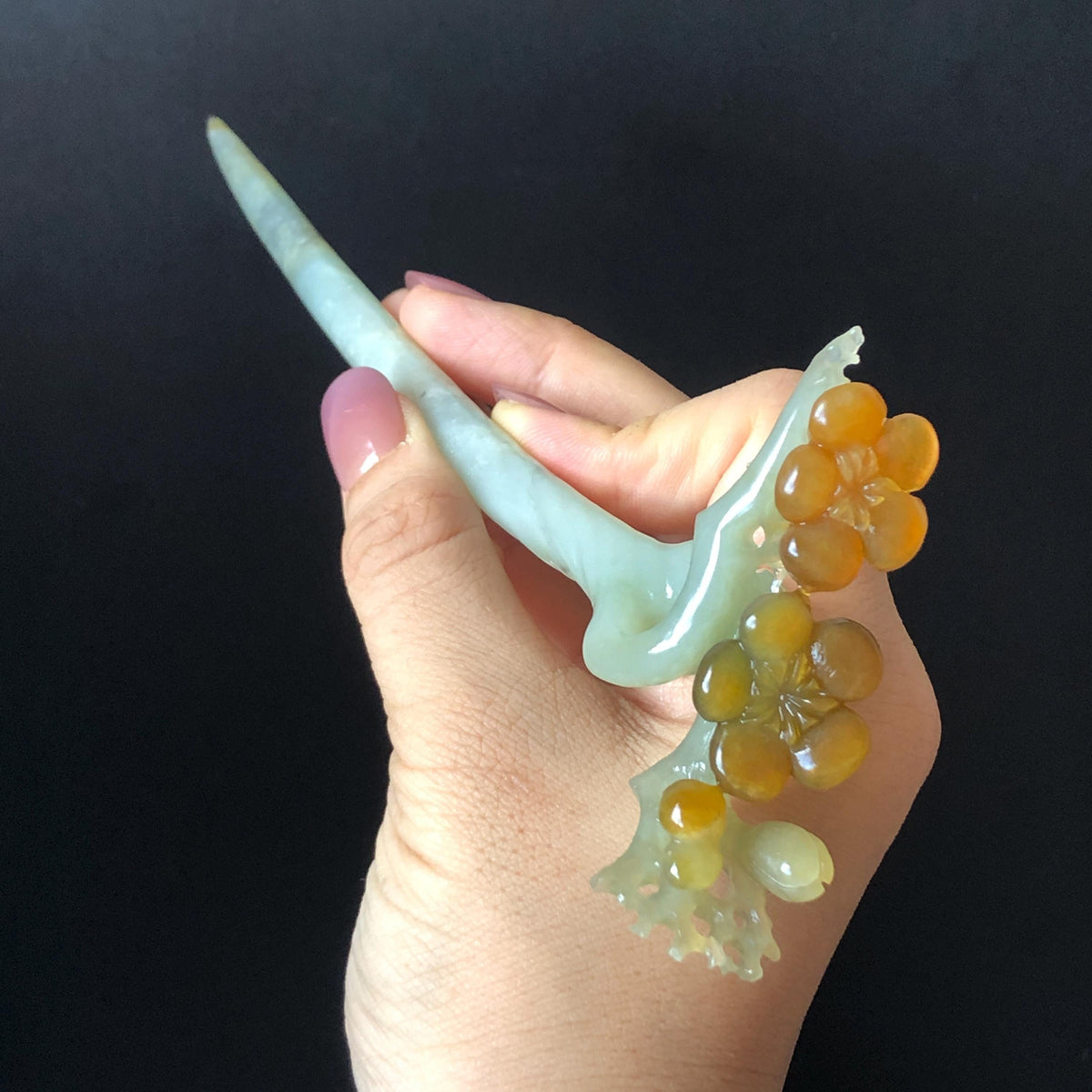 Xiu Jade Plum Blossom Flower Hand Carved Hair Pin: Certified Natural Serpentine Multicolor Brown Green Jade Handcrafted Hair Stick | Asian Vintage Hair Fork 3D stone carving Hair Jewelry Chinese Hanfu Hair Fork gift for her brown jade carving green jade  flower carving hand engraved hairpins japanese hair stick korean hair pins hair fork hair comb antique hairpins wedding headpiece engagement hair jewelry bridal shower gift wedding bridal hair accessory asian hair crown