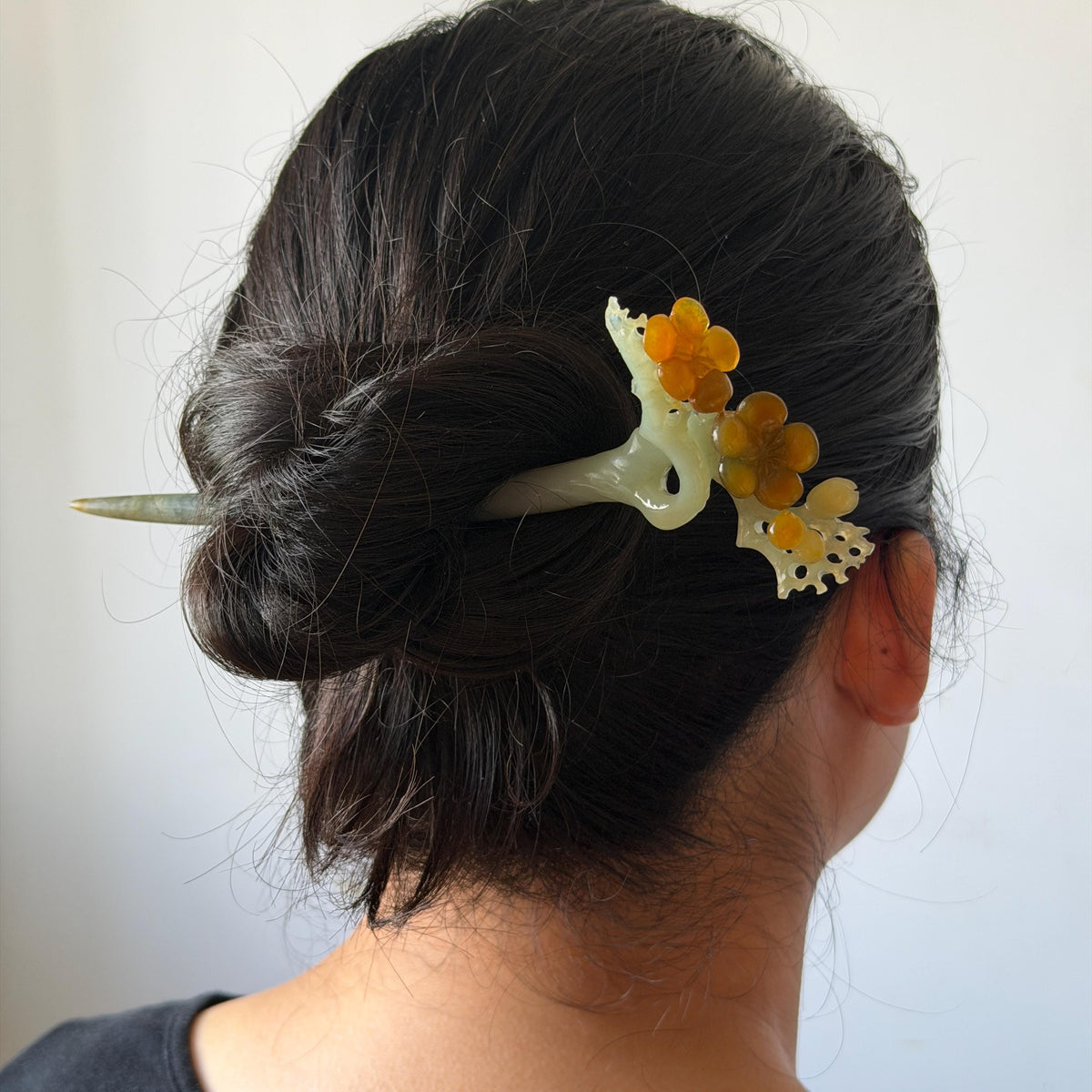 Xiu Jade Plum Blossom Flower Hand Carved Hair Pin: Certified Natural Serpentine Multicolor Brown Green Jade Handcrafted Hair Stick | Asian Vintage Hair Fork 3D stone carving Hair Jewelry Chinese Hanfu Hair Fork gift for her brown jade carving green jade  flower carving hand engraved hairpins japanese hair stick korean hair pins hair fork hair comb antique hairpins wedding headpiece engagement hair jewelry bridal shower gift wedding bridal hair accessory asian hair crown