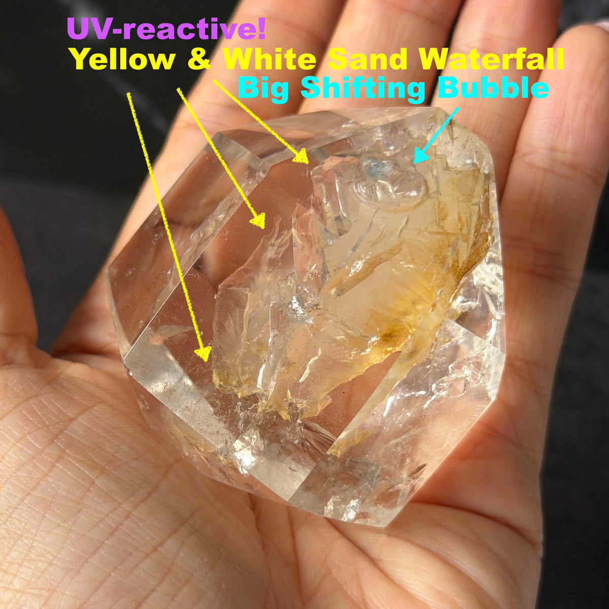 Ultra Rare! Enhydro Quartz Palm Stone: UV-reactive Yellow White Sand Waterfall Big Moving Bubbles Inclusion Golden Healer Polished Crystal