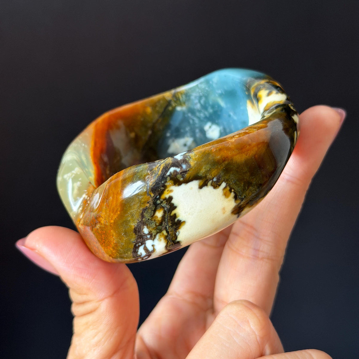 53.3mm Xiu Jade Serpentine Multi-colour Irregular Bangle: Natural Blue Brown Yellow White Green Jade Bracelet, Stone Carving Gemstone Jewelry untreated jade women bangle blue jade green jade white jade brown jade yellow jade multi color jade birthday gift for her wide bangle vintage bangle stone bracelet