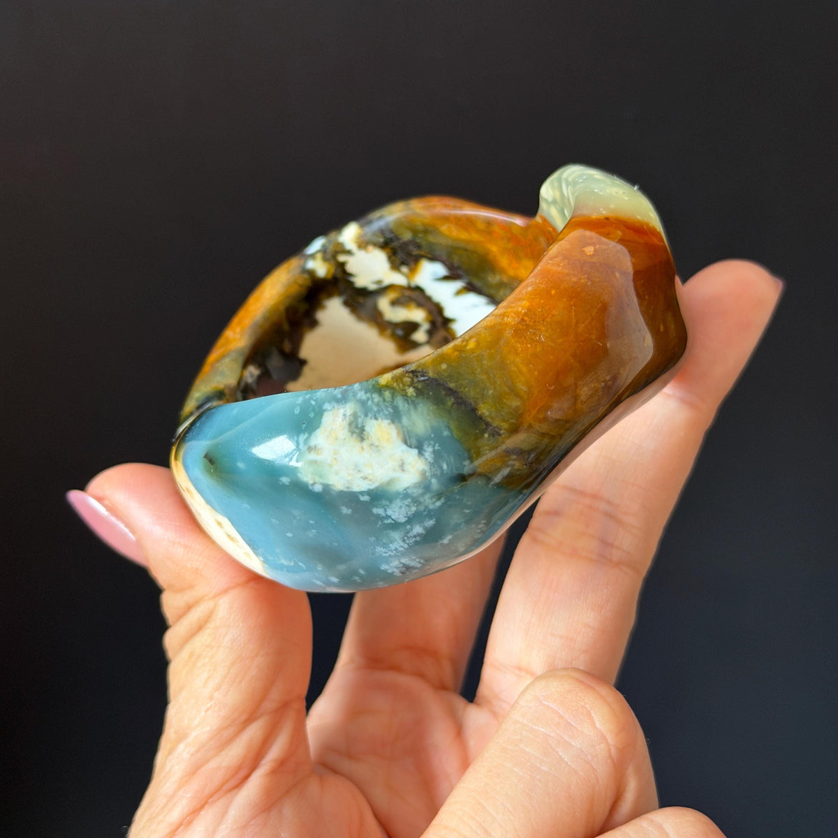 53.3mm Xiu Jade Serpentine Multi-colour Irregular Bangle: Natural Blue Brown Yellow White Green Jade Bracelet, Stone Carving Gemstone Jewelry untreated jade women bangle blue jade green jade white jade brown jade yellow jade multi color jade birthday gift for her wide bangle vintage bangle stone bracelet