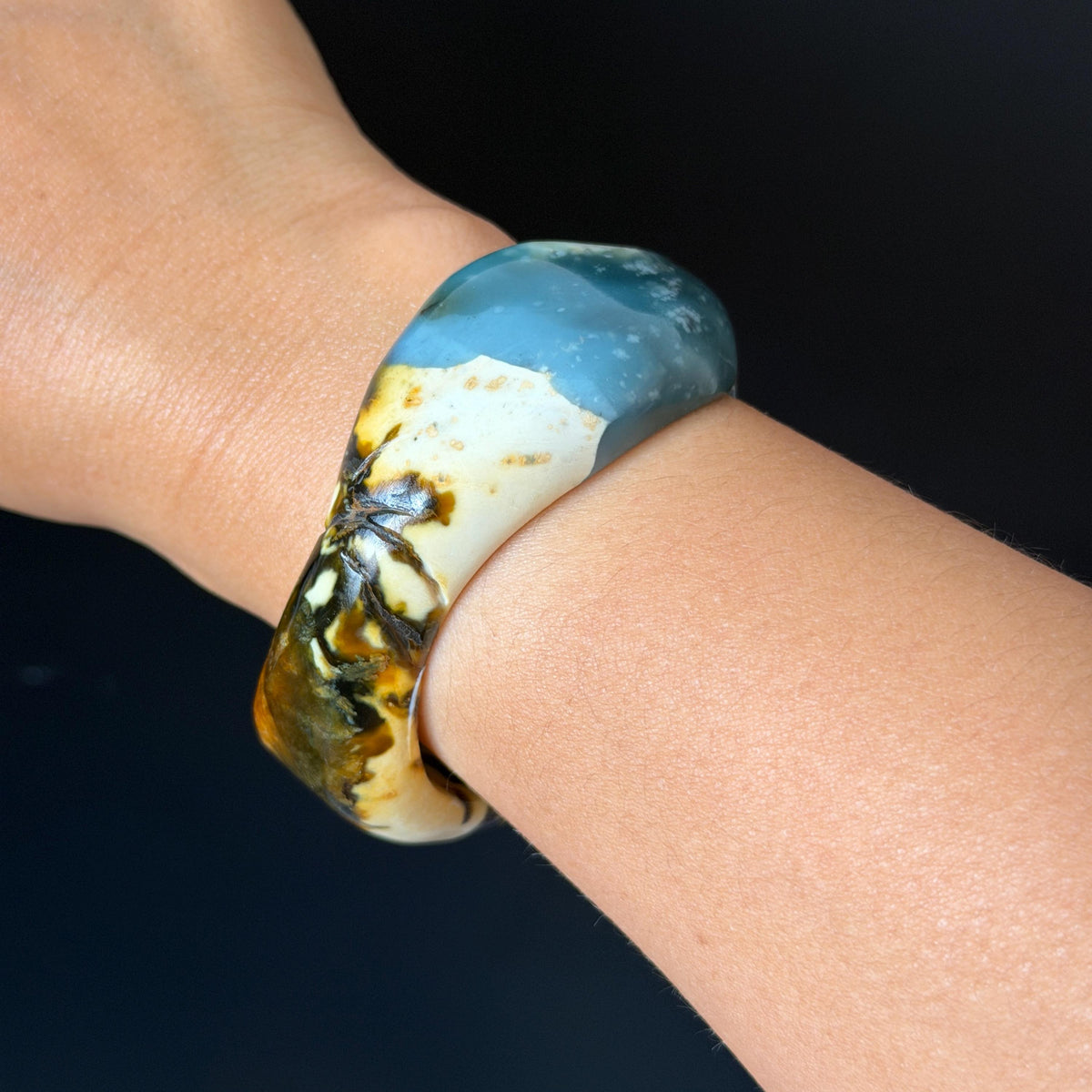 53.3mm Xiu Jade Serpentine Multi-colour Irregular Bangle: Natural Blue Brown Yellow White Green Jade Bracelet, Stone Carving Gemstone Jewelry untreated jade women bangle blue jade green jade white jade brown jade yellow jade multi color jade birthday gift for her wide bangle vintage bangle stone bracelet